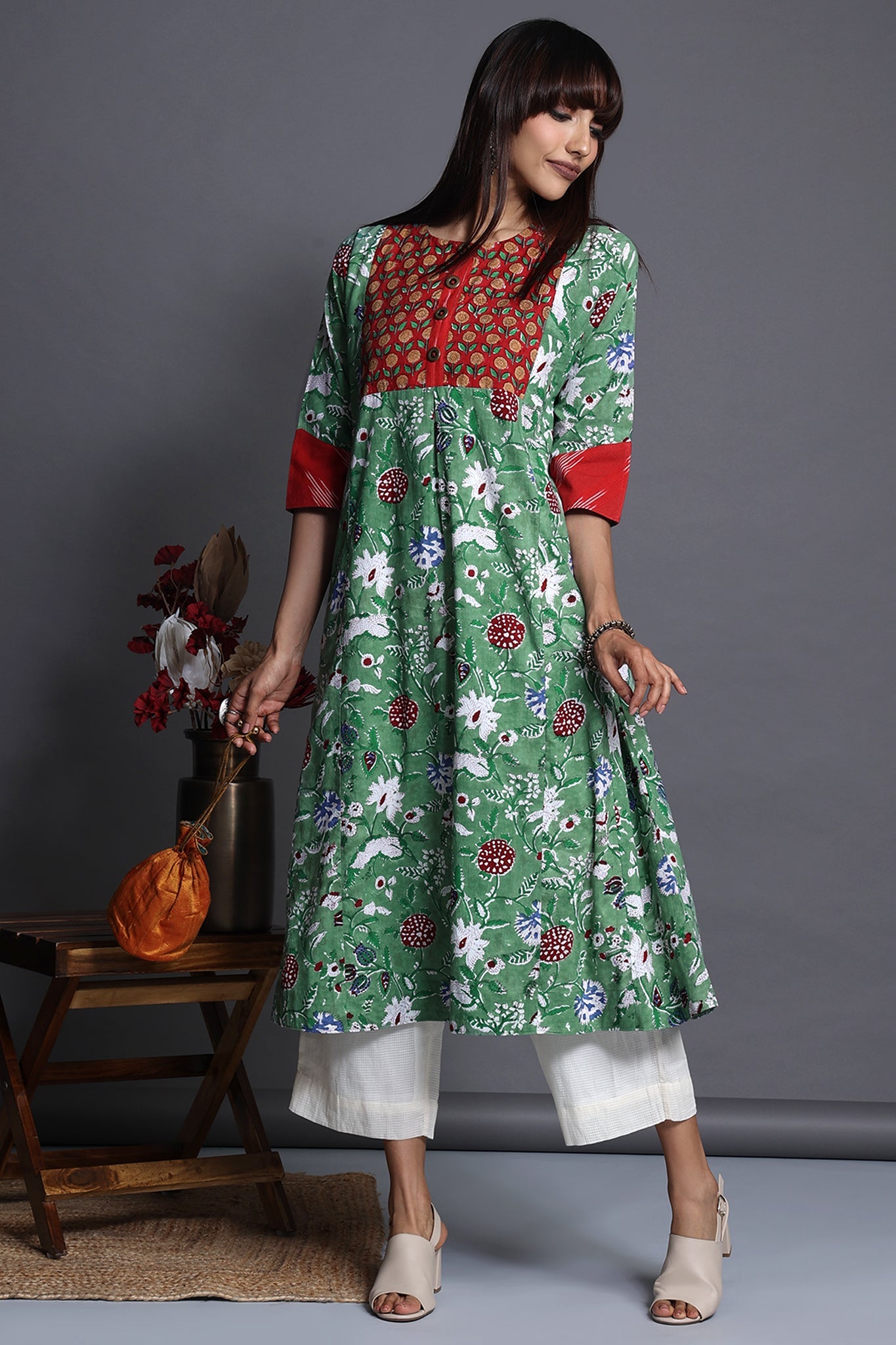 a-line kalidar kurta - celadon whisper & floral symphony