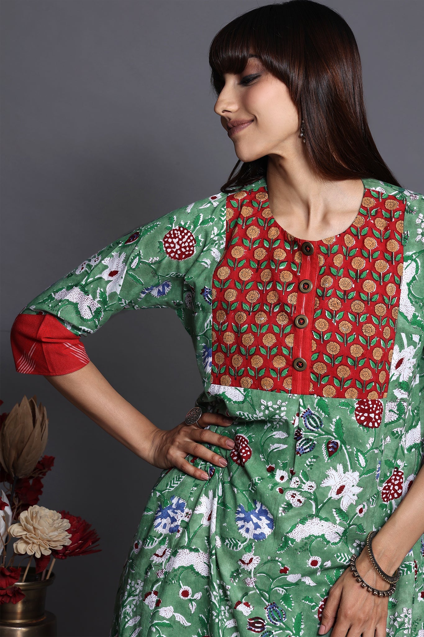 a-line kalidar kurta - celadon whisper & floral symphony