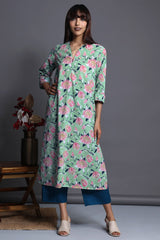 front zipper a-line kurta - serene ocean & aqua rose