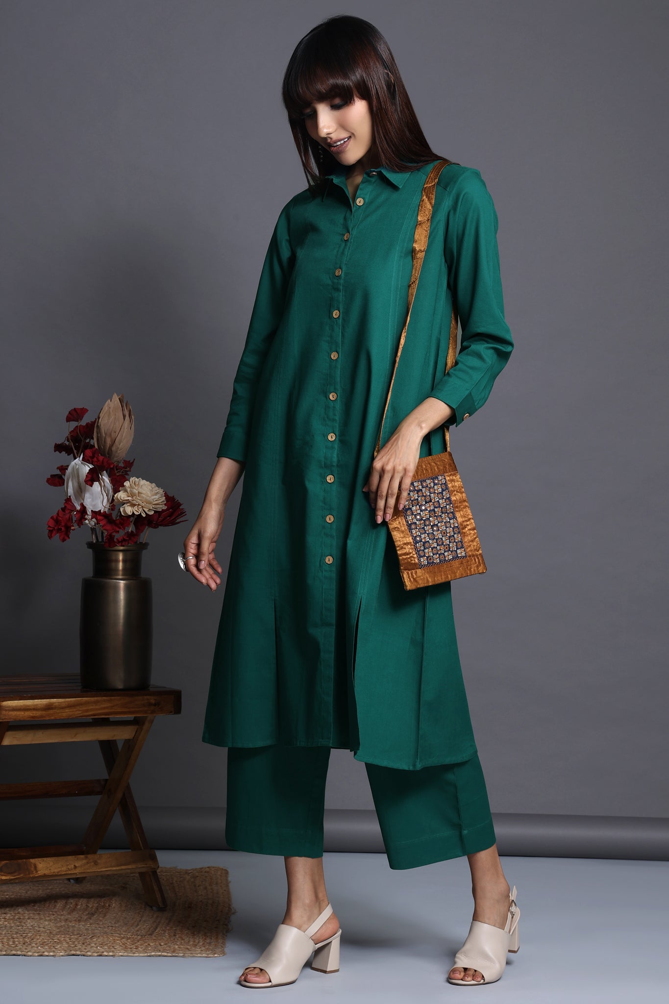 long shirt dress with front buttons - deep emerald & verdant charm