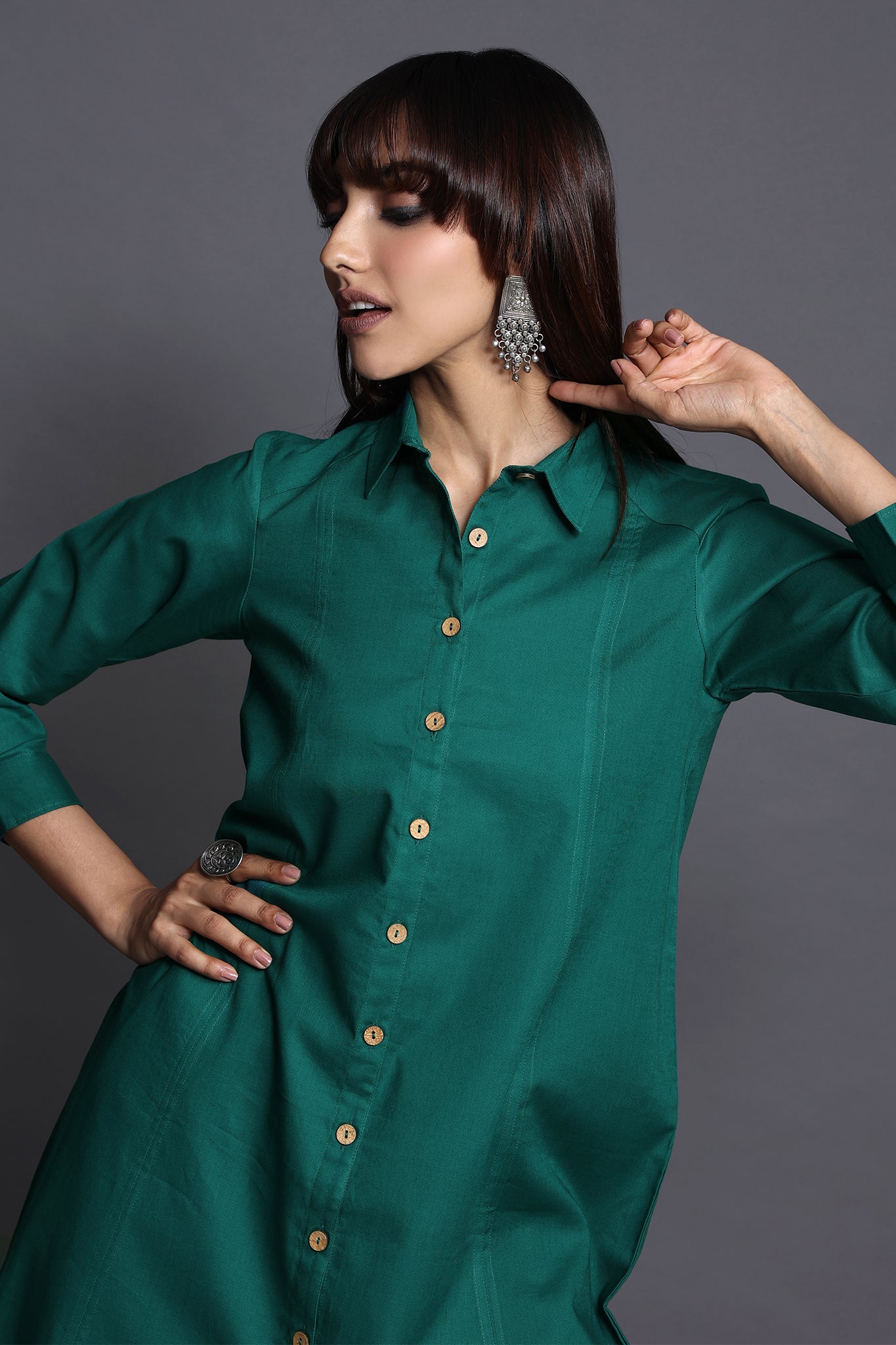 long shirt dress with front buttons - deep emerald & verdant charm