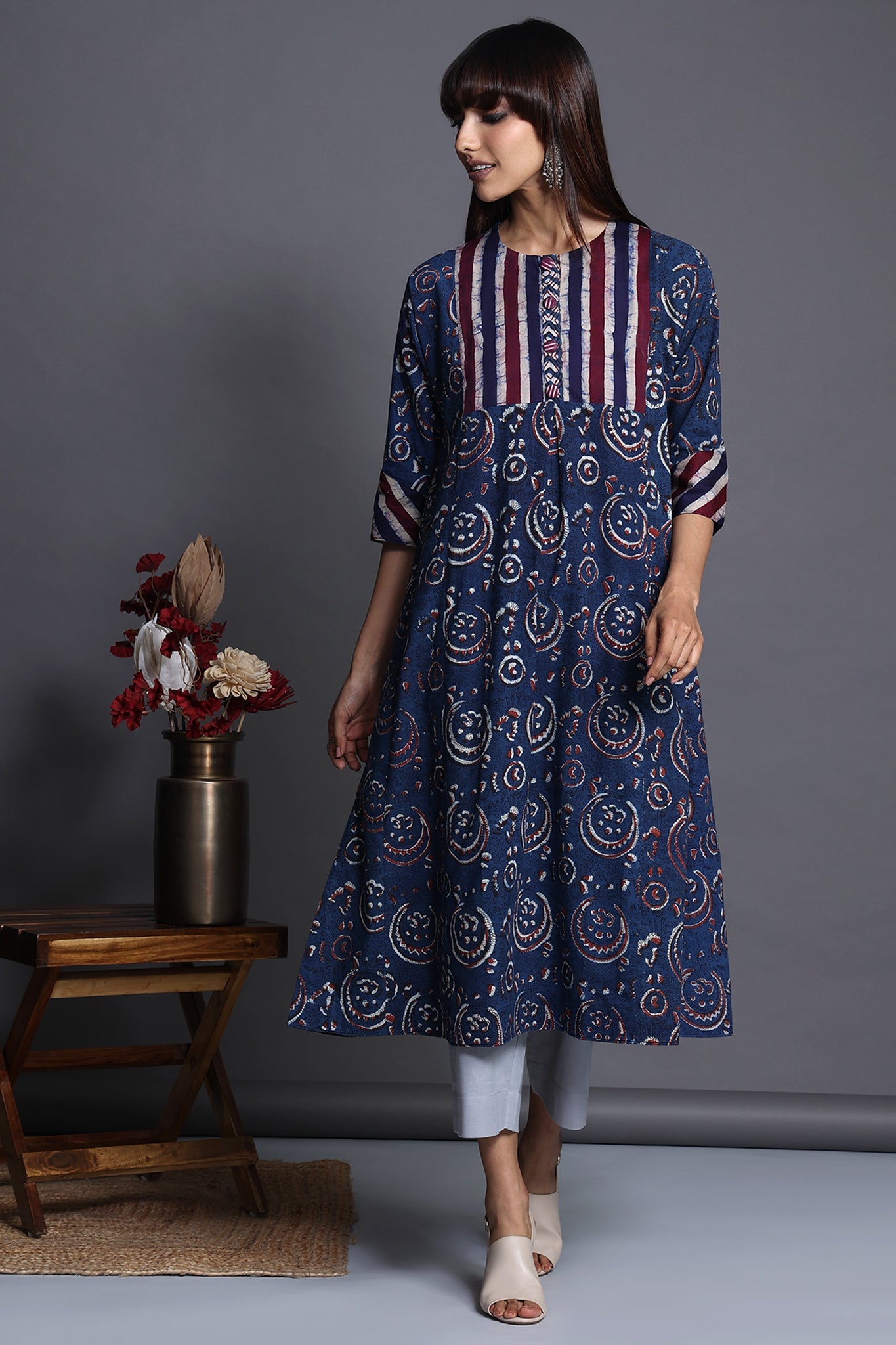 a-line kalidar kurta - indigo chandbali & purple plumage
