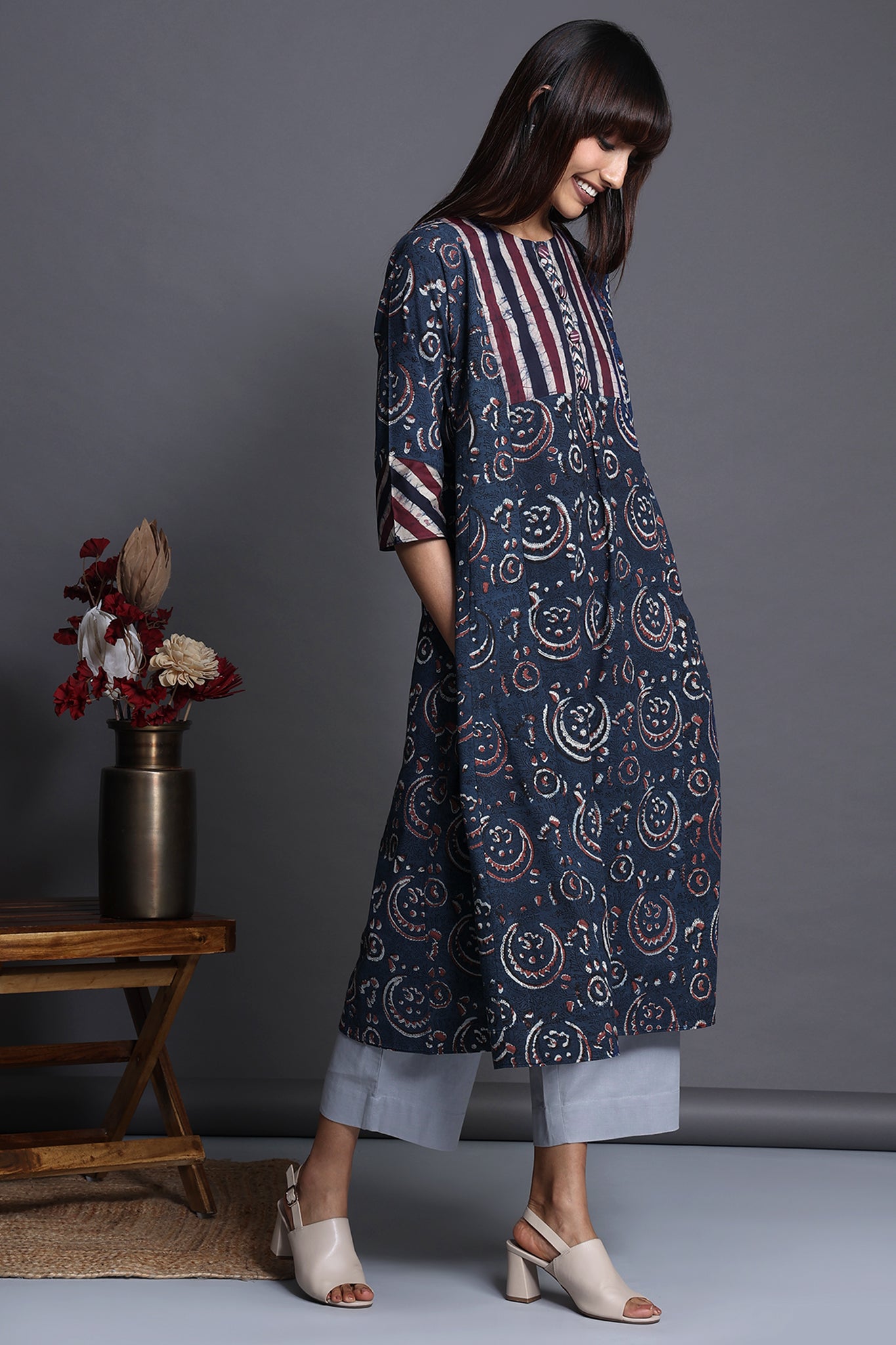a-line kalidar kurta - indigo chandbali & purple plumage