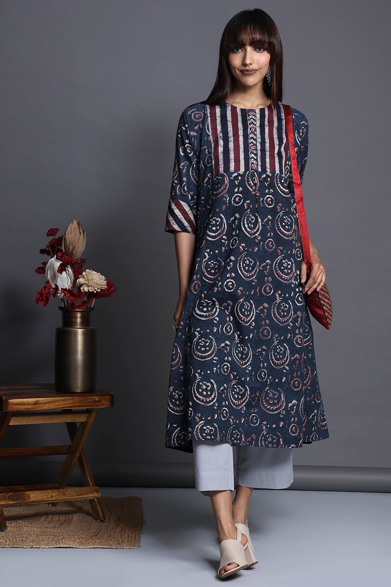 a-line kalidar kurta - indigo chandbali & purple plumage