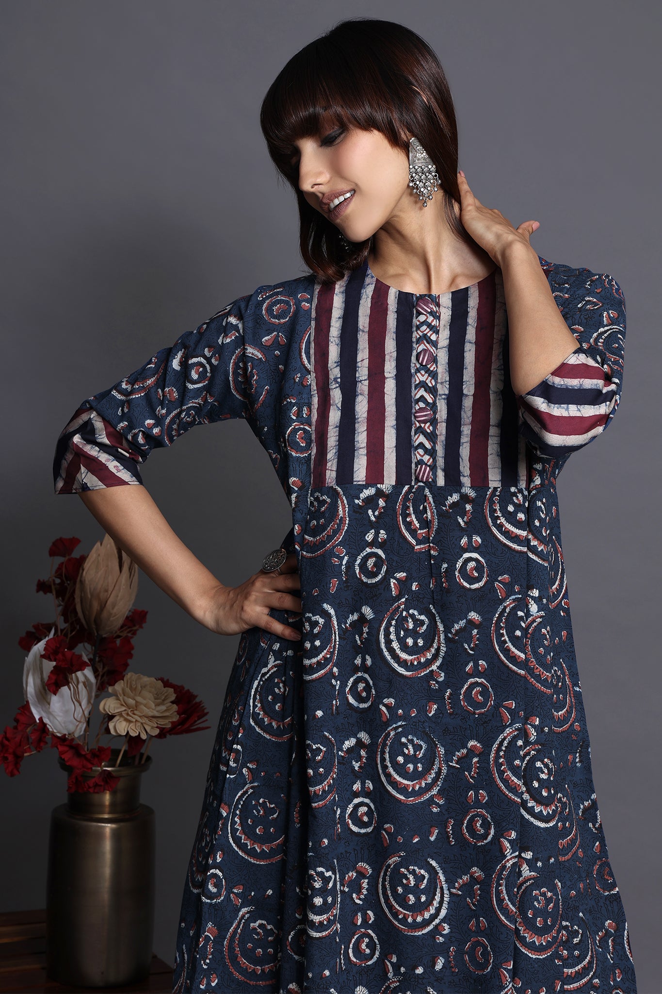 a-line kalidar kurta - indigo chandbali & purple plumage