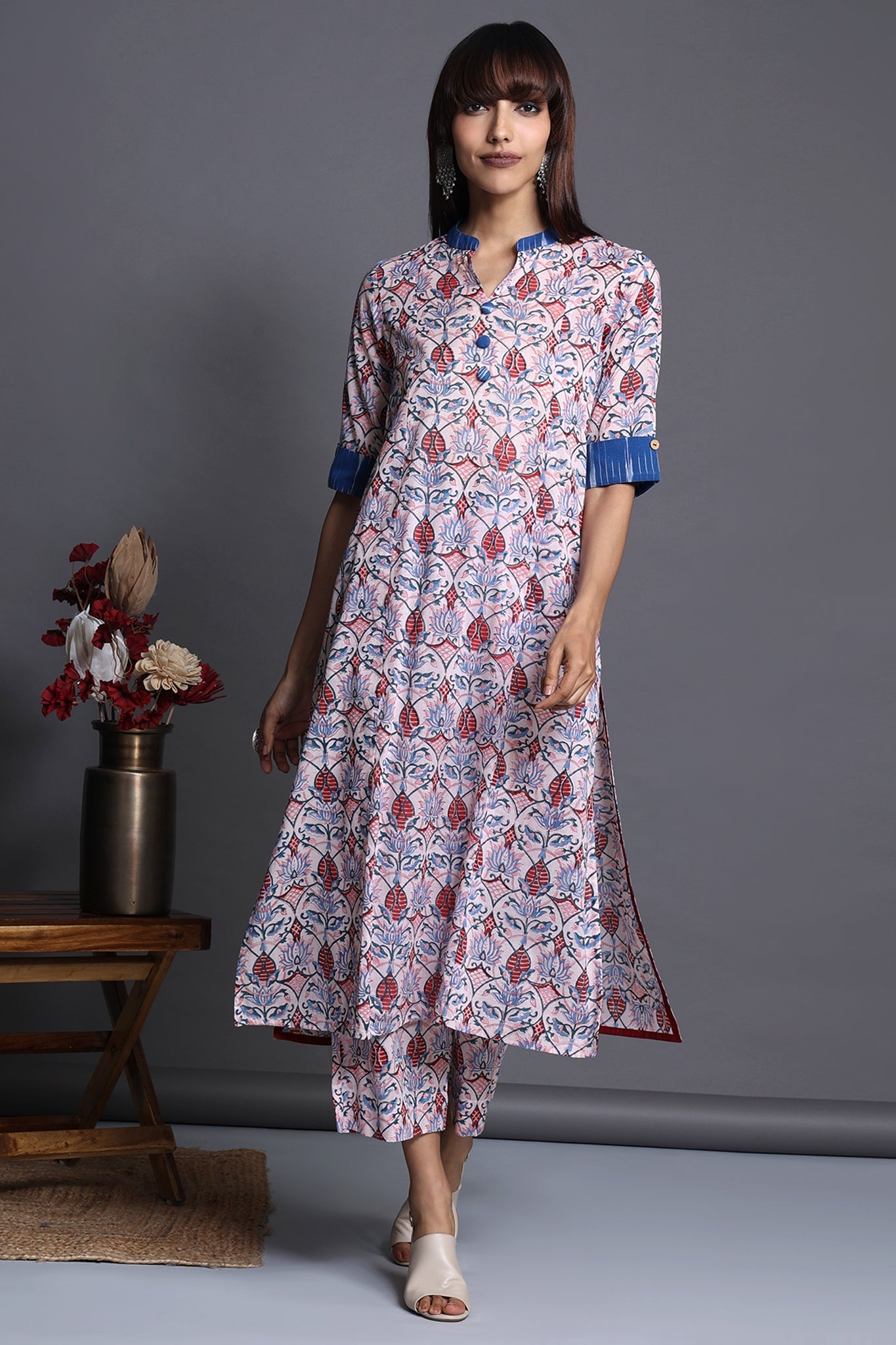 long yoke panel kurta - rose quartz & azure blooms