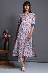 long yoke panel kurta - rose quartz & azure blooms
