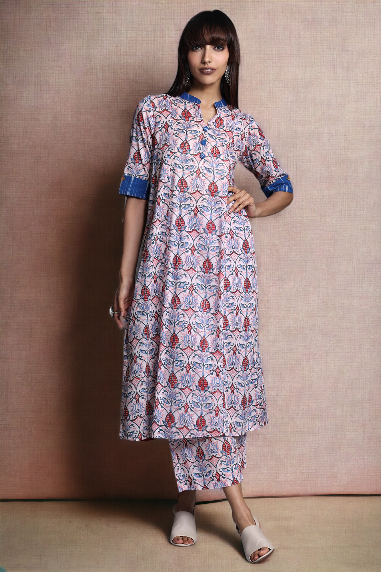long yoke panel kurta - rose quartz & azure blooms