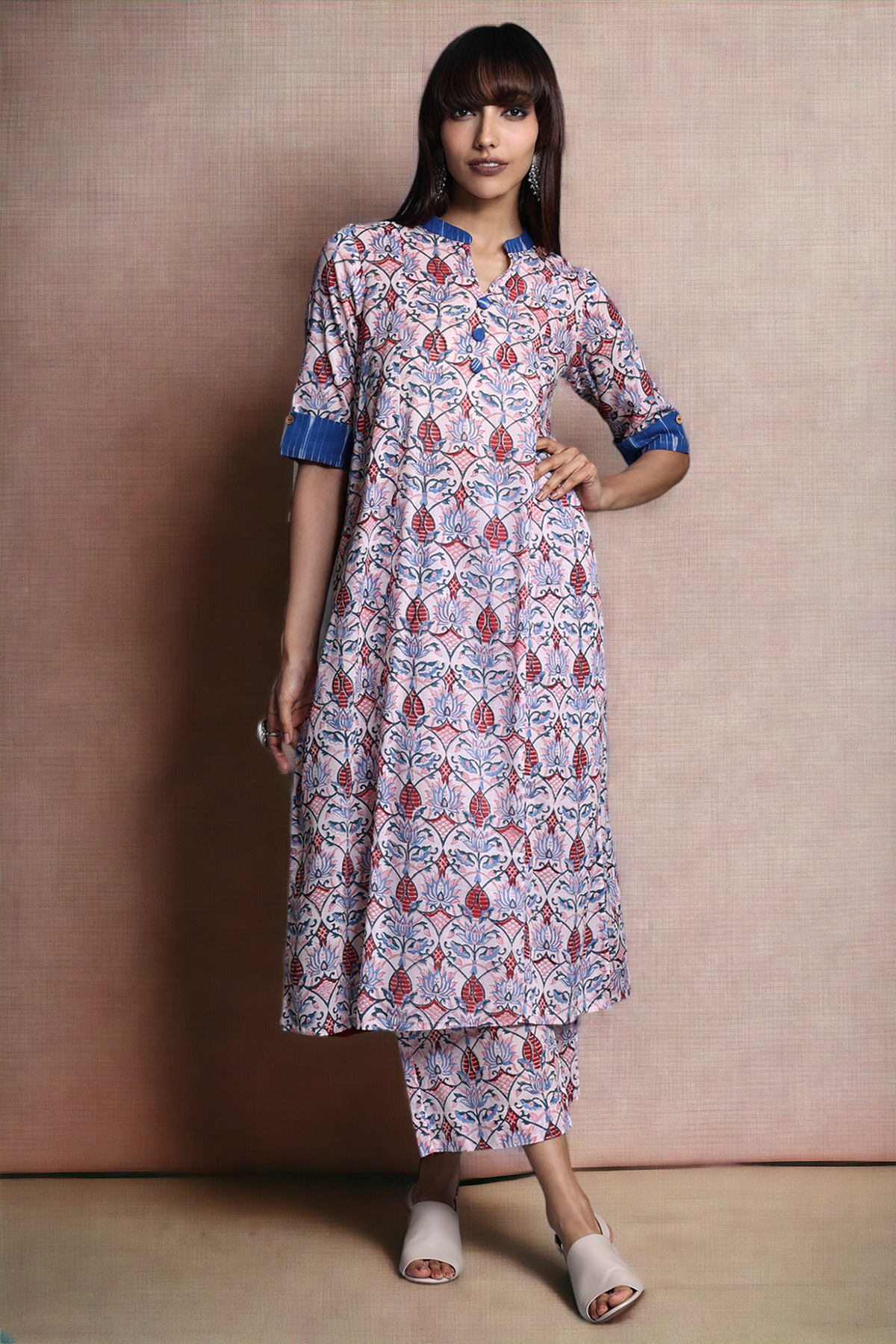 long yoke panel kurta - rose quartz & azure blooms