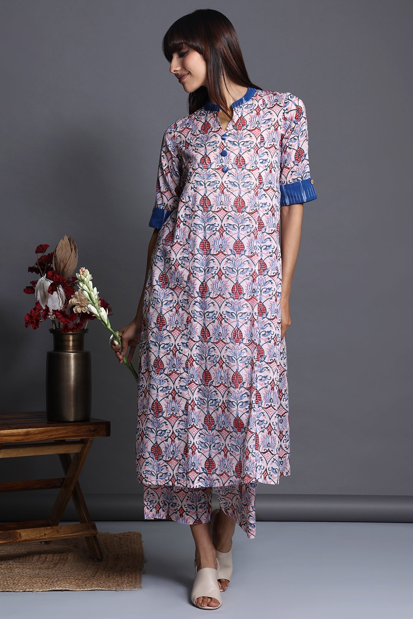 long yoke panel kurta - rose quartz & azure blooms