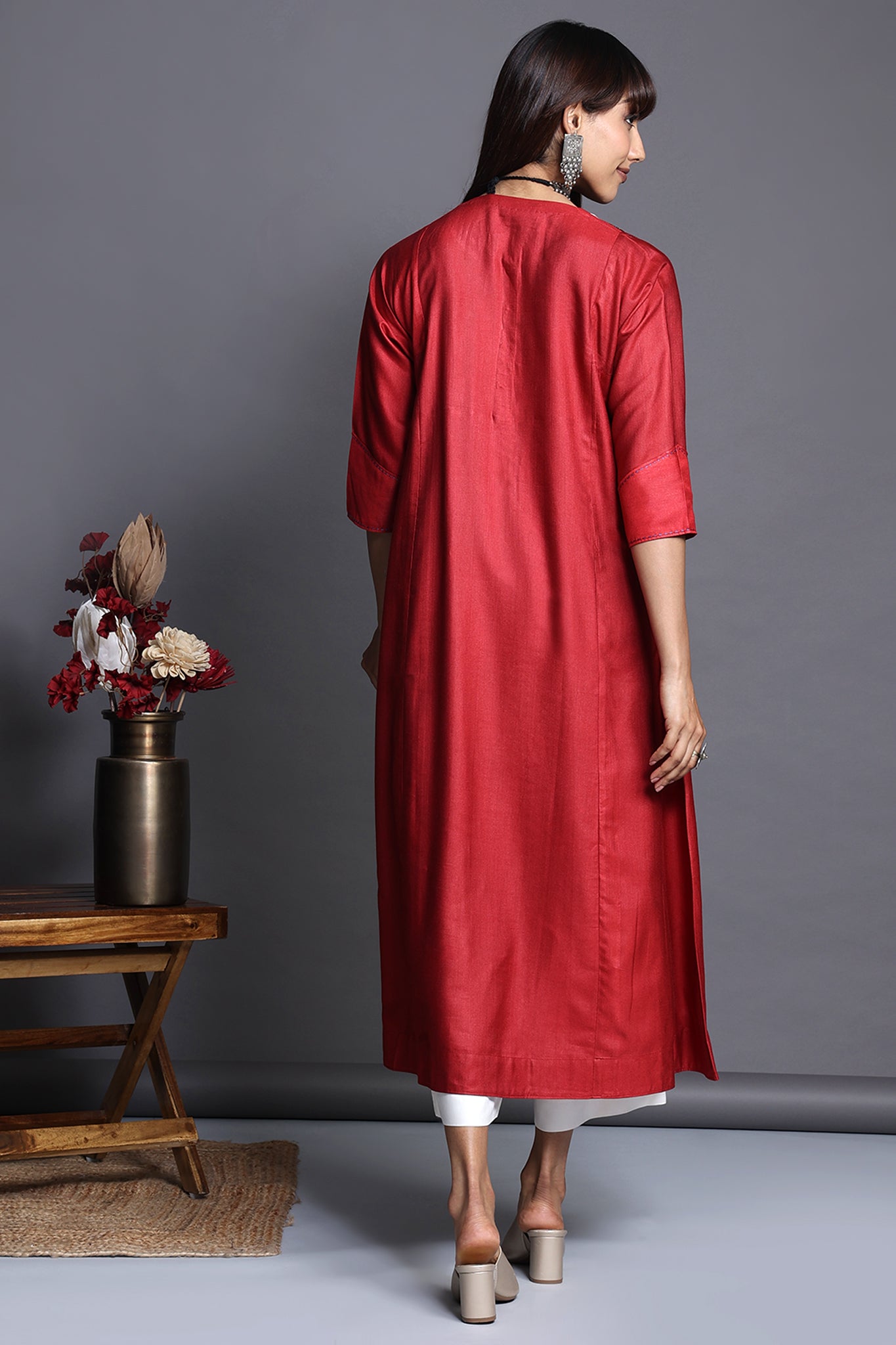 a-line viscose silk kalidaar kurta - fiery garnet & indigo frost