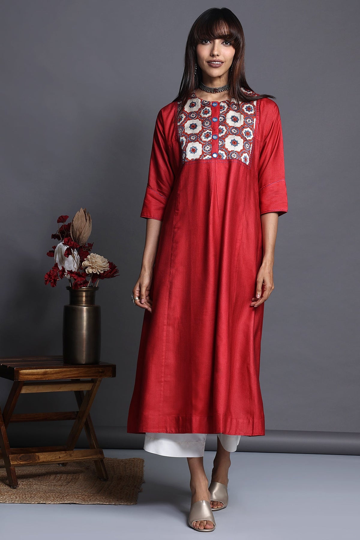 a-line viscose silk kalidaar kurta - fiery garnet & indigo frost