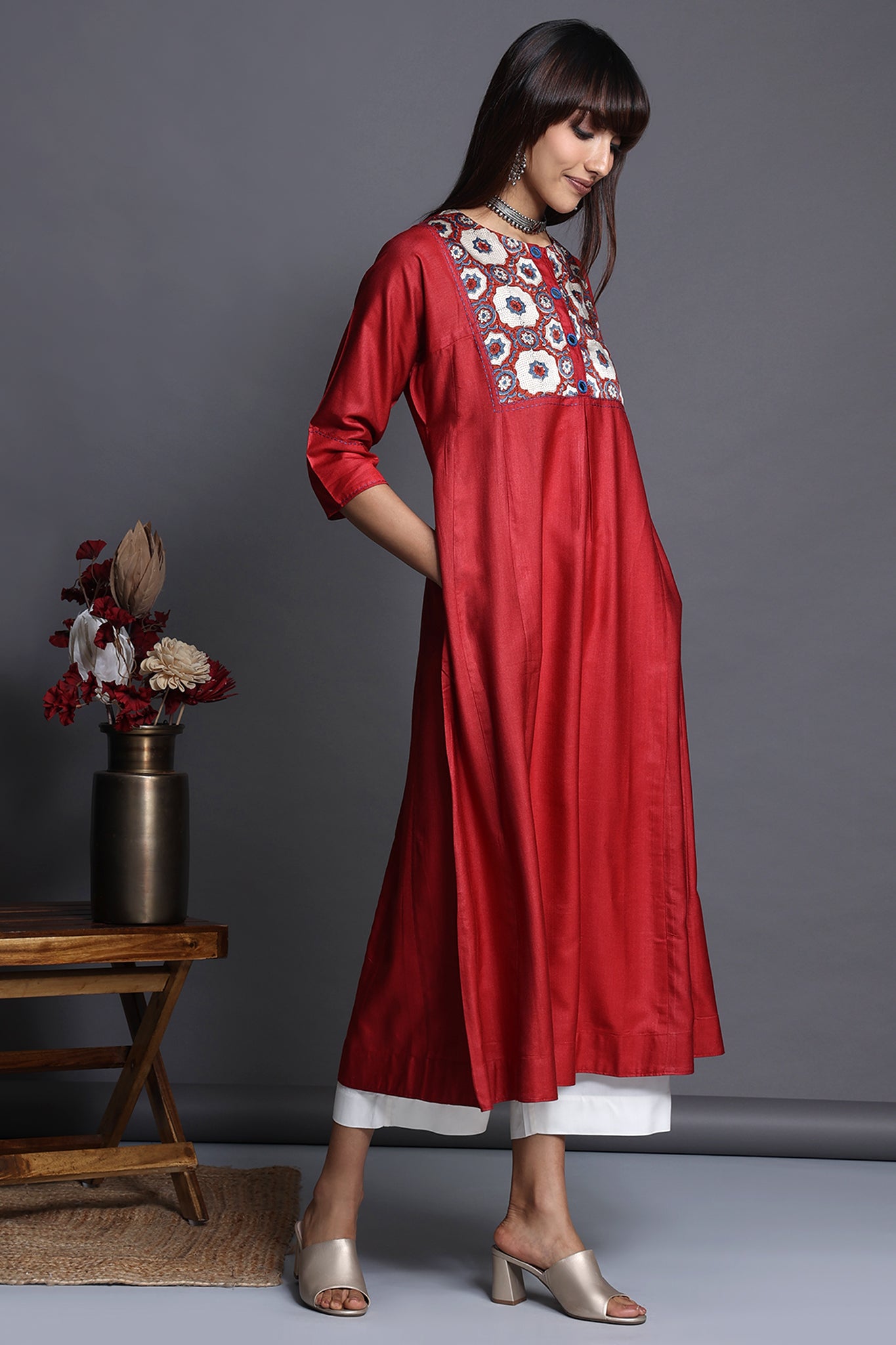 a-line viscose silk kalidaar kurta - fiery garnet & indigo frost