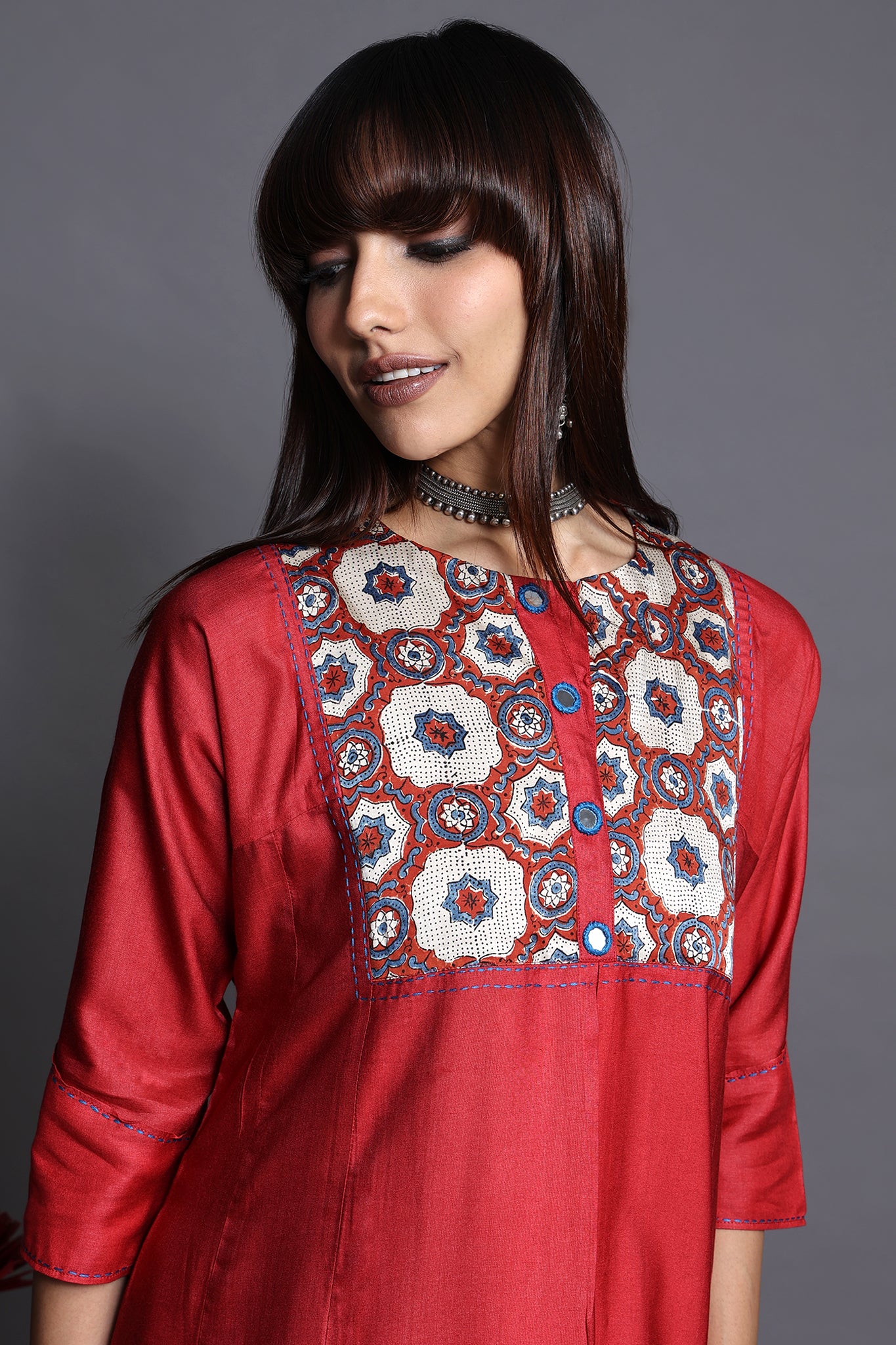 a-line viscose silk kalidaar kurta - fiery garnet & indigo frost