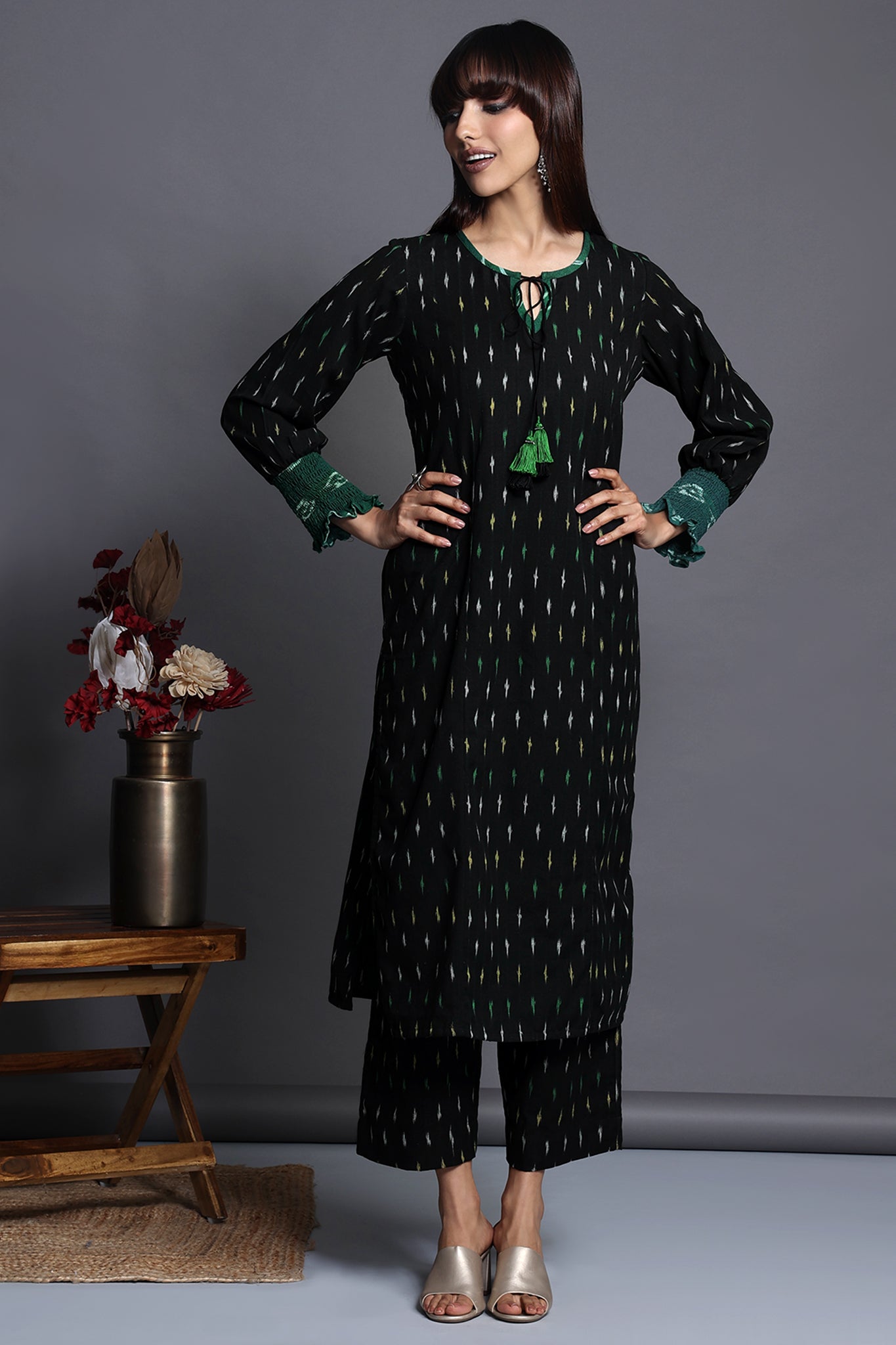 long kurta with smocked sleeve details - noir velvet & speckled elegance