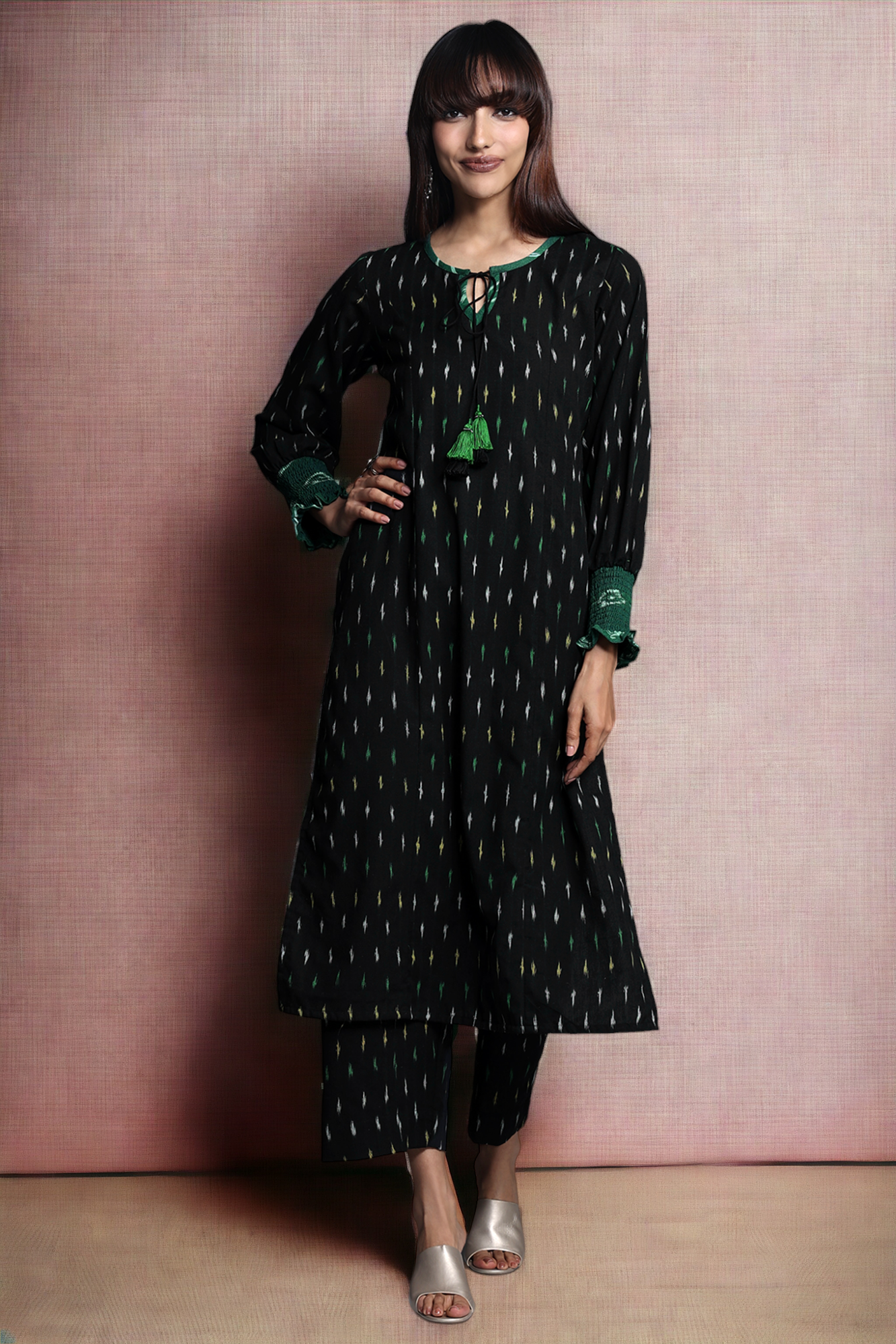 long kurta with smocked sleeve details - noir velvet & speckled elegance