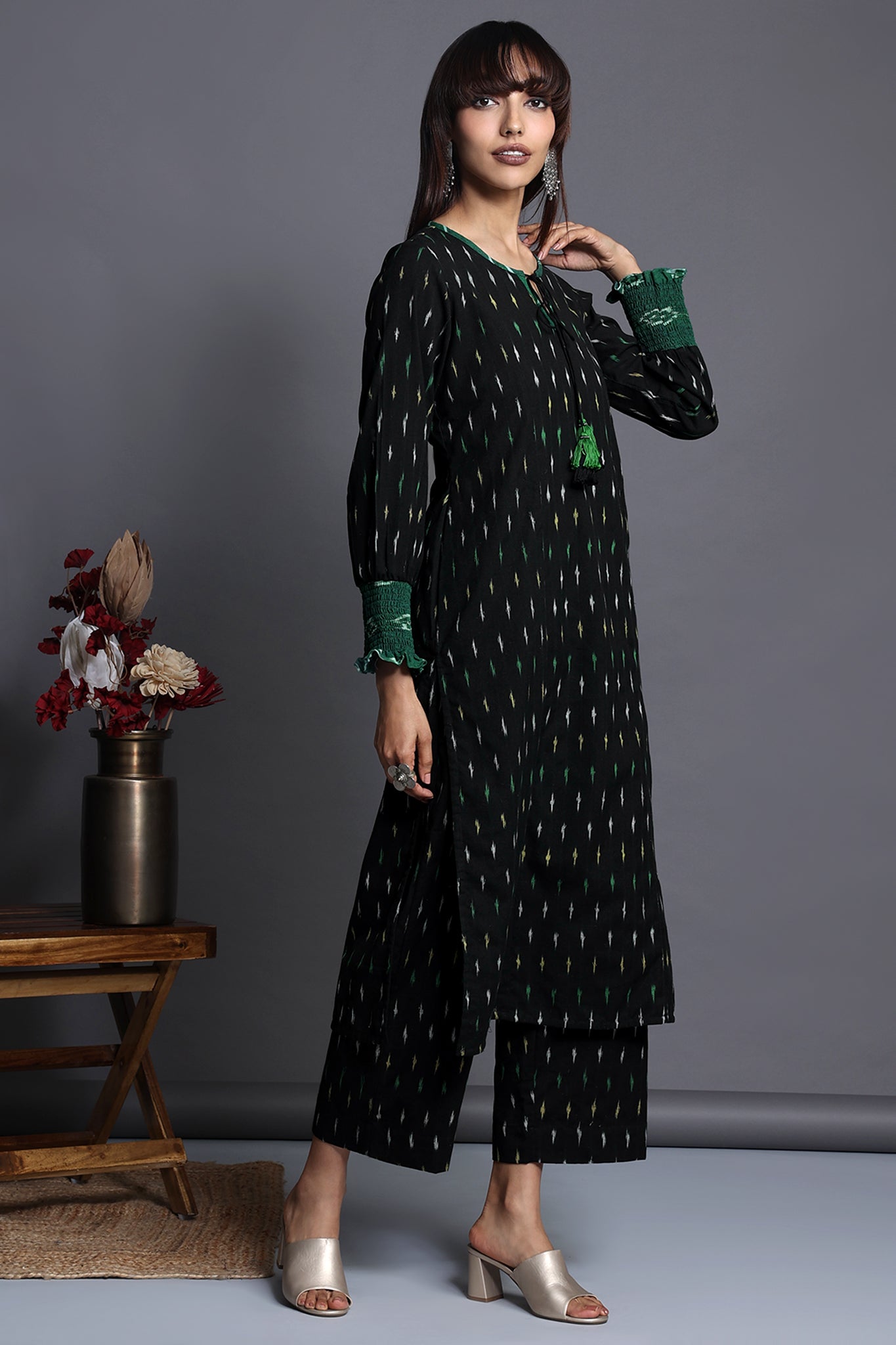 long kurta with smocked sleeve details - noir velvet & speckled elegance