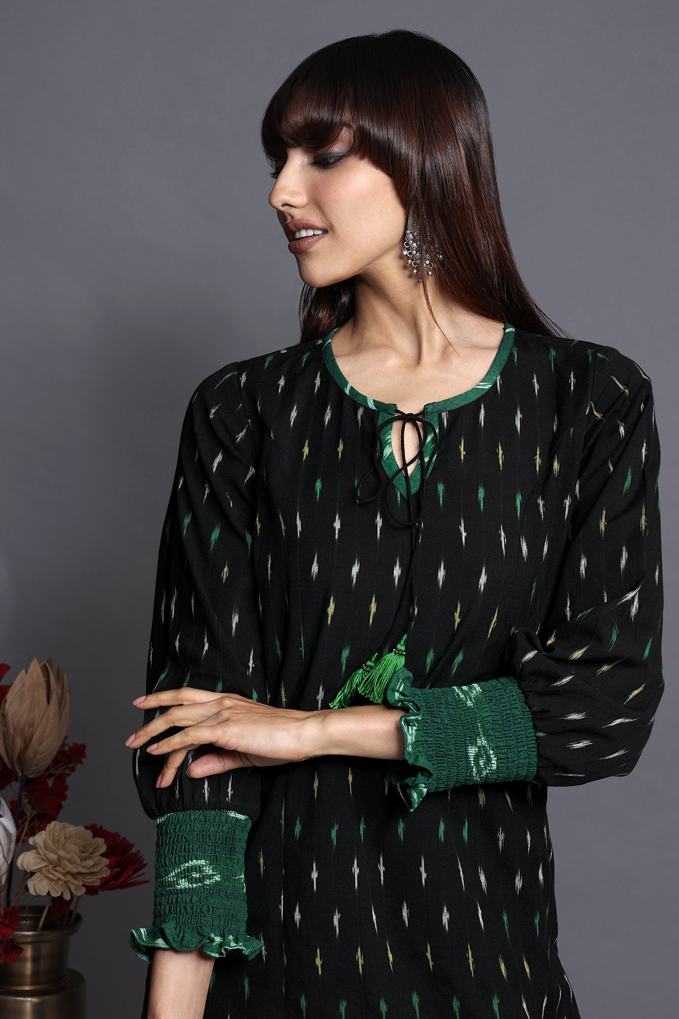 long kurta with smocked sleeve details - noir velvet & speckled elegance