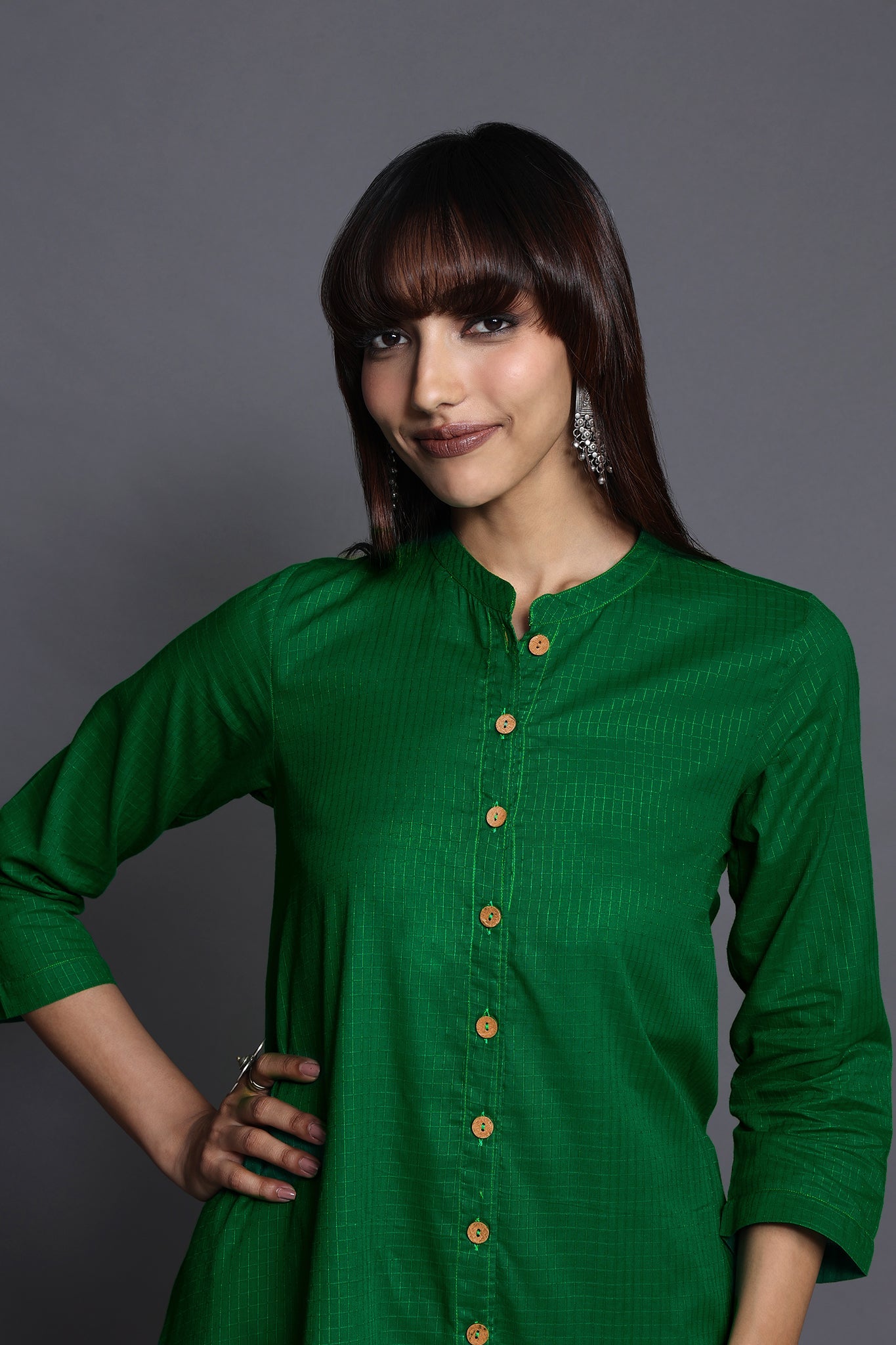 asymmetrical hemline button down tunic - green gemstone & lattice symphony