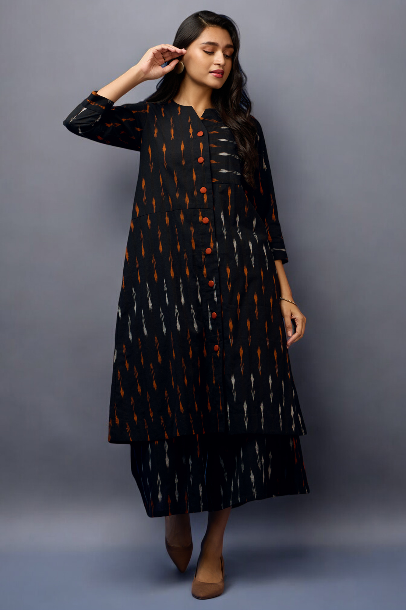 button down tunic kurta with hand stitched details - Rustic Noir & Ebony Elegance