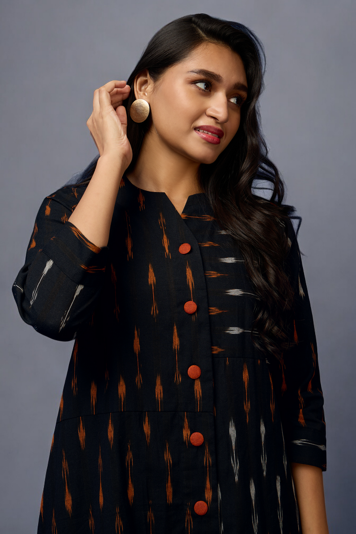 button down tunic kurta with hand stitched details - Rustic Noir & Ebony Elegance