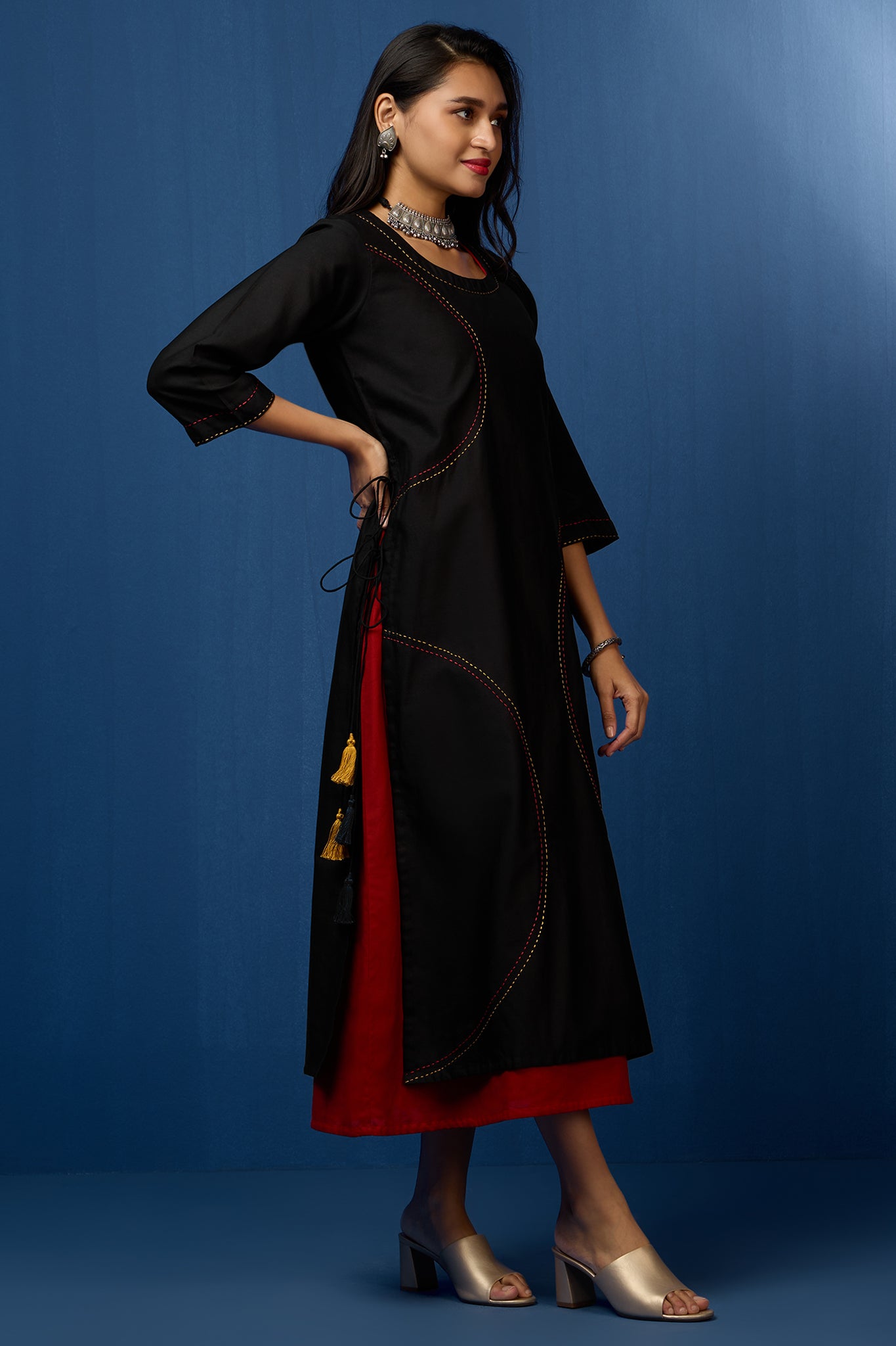 layered long chander kurta with separate inner - ebony warmth & rustic rings