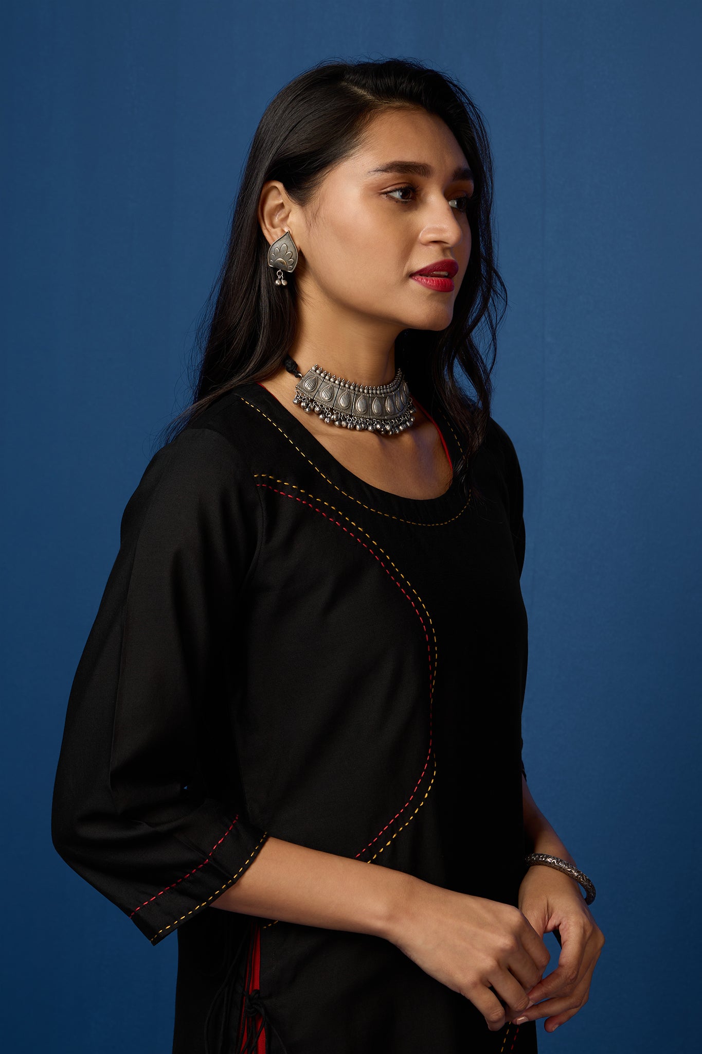 layered long chander kurta with separate inner - ebony warmth & rustic rings