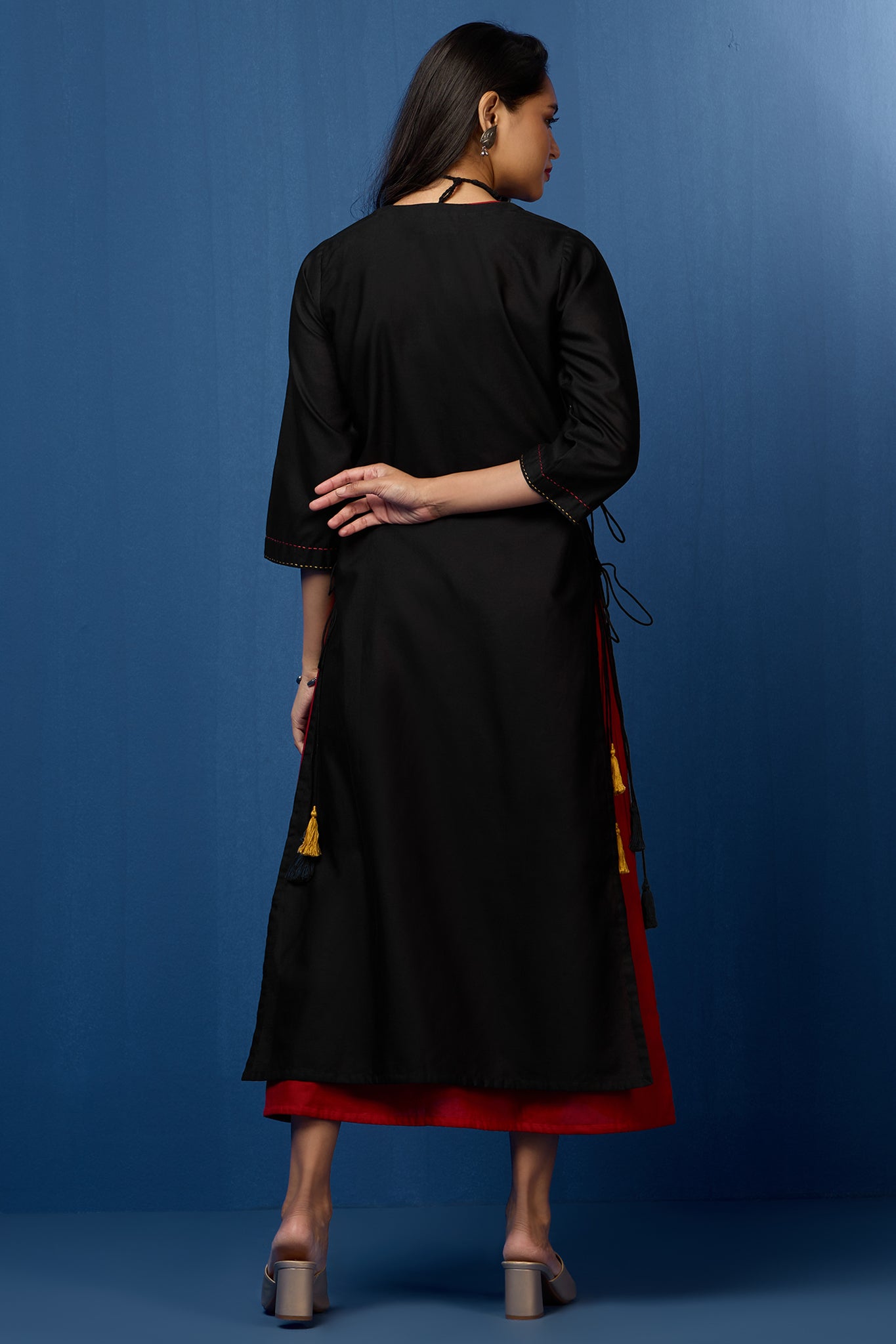 layered long chander kurta with separate inner - ebony warmth & rustic rings