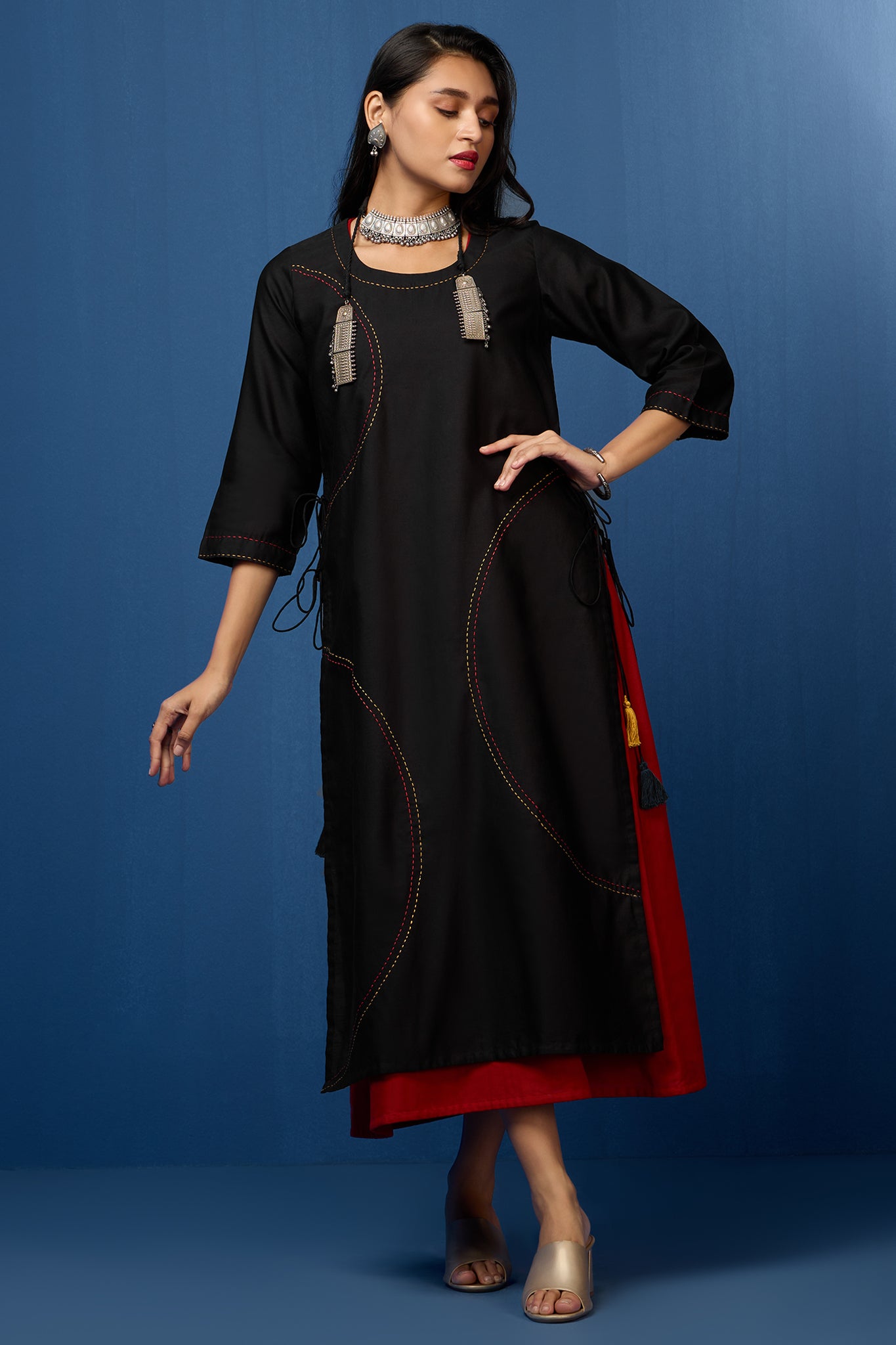 layered long chander kurta with separate inner - ebony warmth & rustic rings