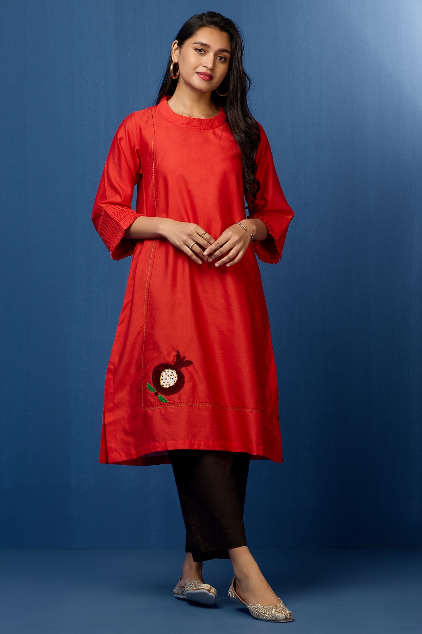 chanderi silk pleated low slit kurta with pockets & sleeve details - ruby red & pomegranate poetry