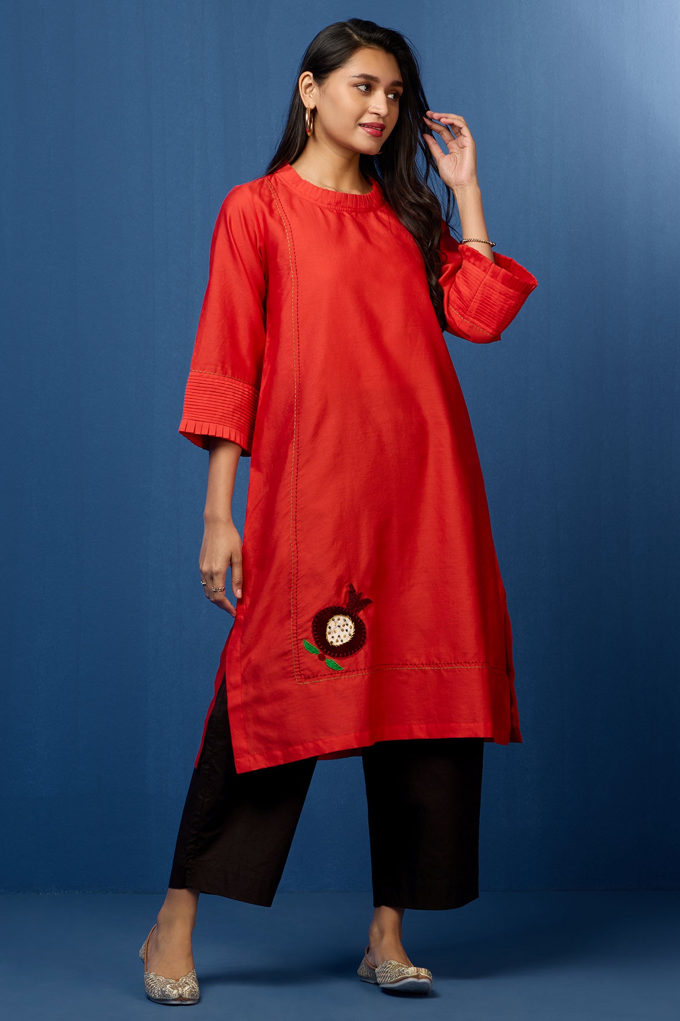 chanderi silk pleated low slit kurta with pockets & sleeve details - ruby red & pomegranate poetry