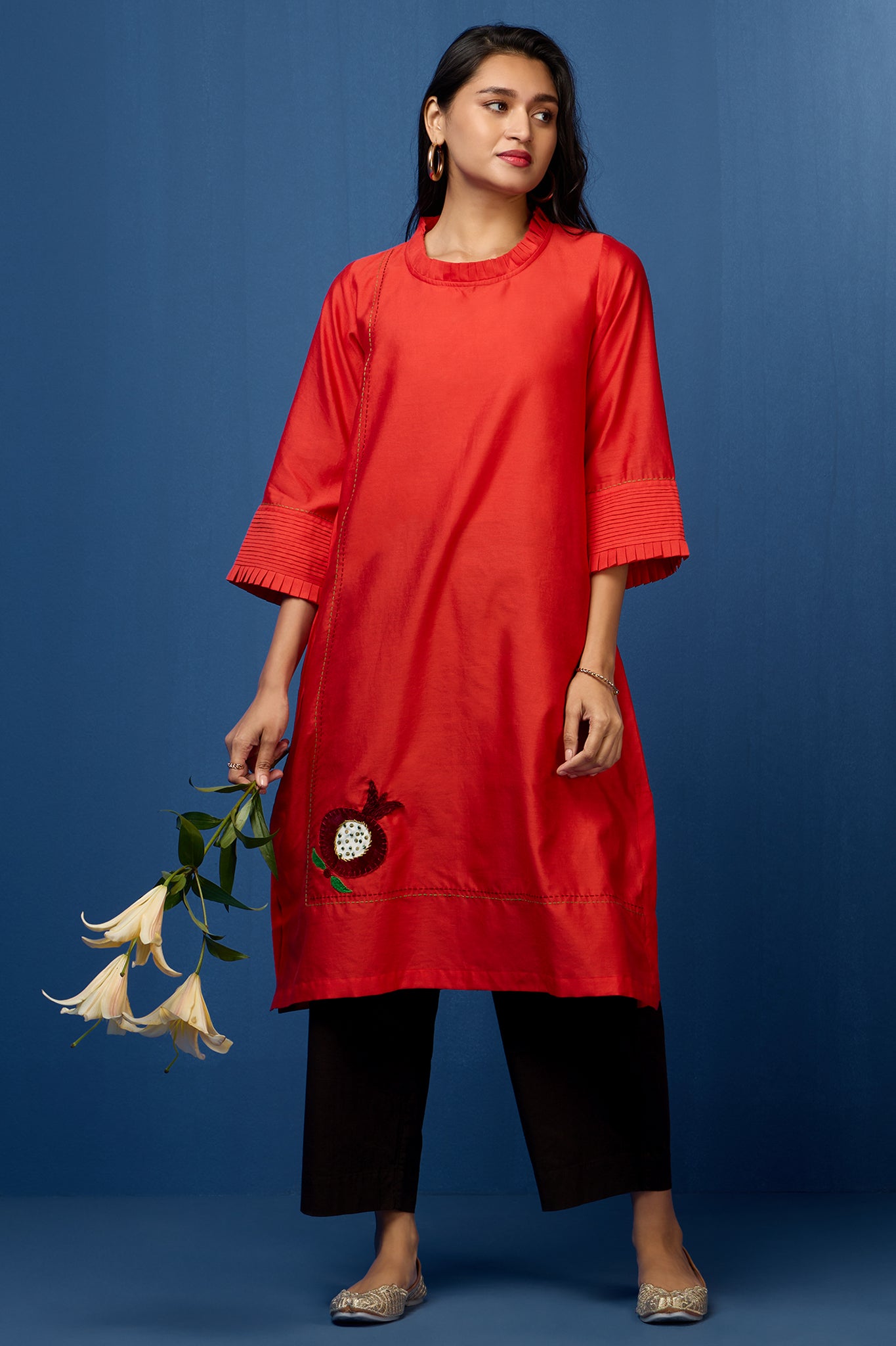 chanderi silk pleated low slit kurta with pockets & sleeve details - ruby red & pomegranate poetry