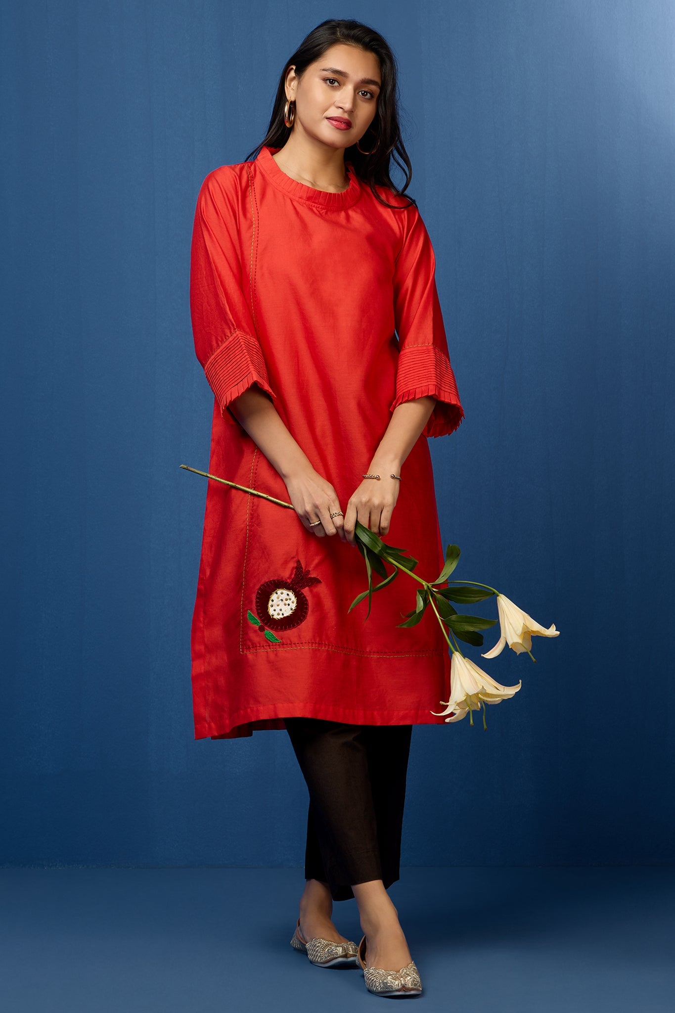 chanderi silk pleated low slit kurta with pockets & sleeve details - ruby red & pomegranate poetry