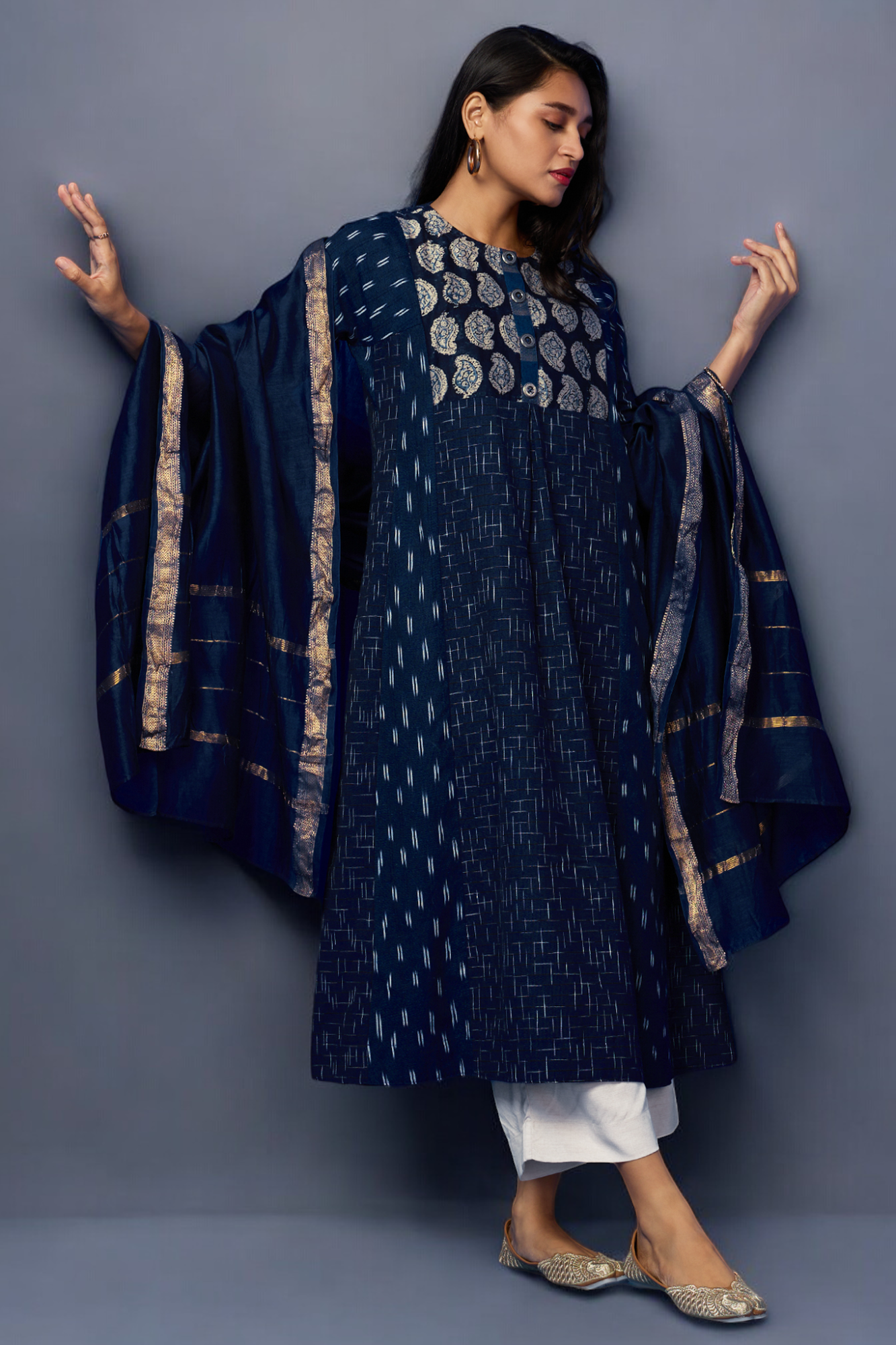 a-line kalidar kurta - Sapphire Night & Silver Blooms