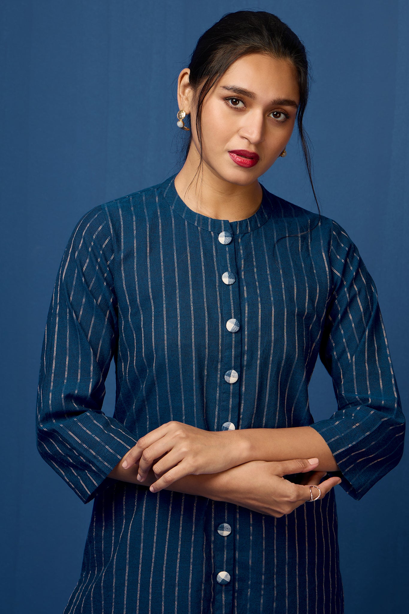 formal button down kurta - indigo nightfall & whimsical gold stripes