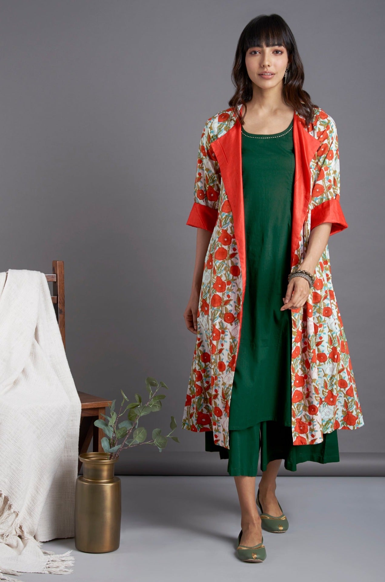 front lapel jacket - morning glory & tangerine blooms