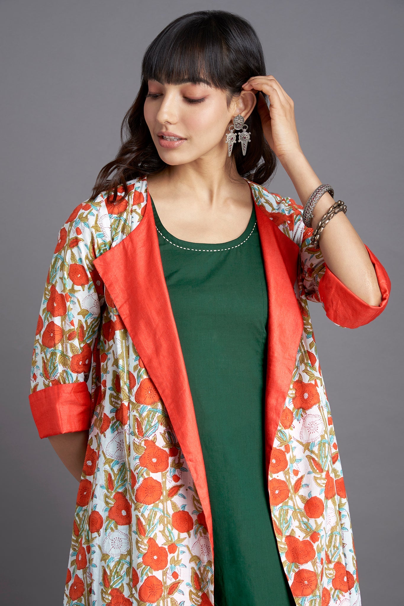 front lapel jacket - morning glory & tangerine blooms