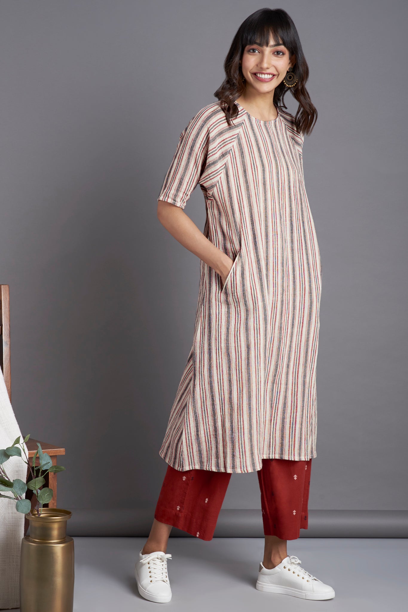 drop shoulder kurta - tranquil breeze & madder stripes
