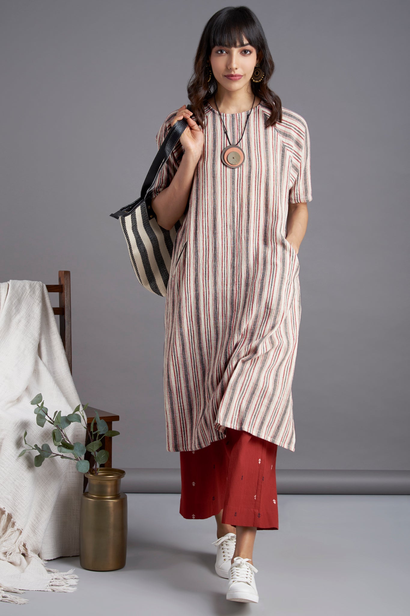 drop shoulder kurta - tranquil breeze & madder stripes