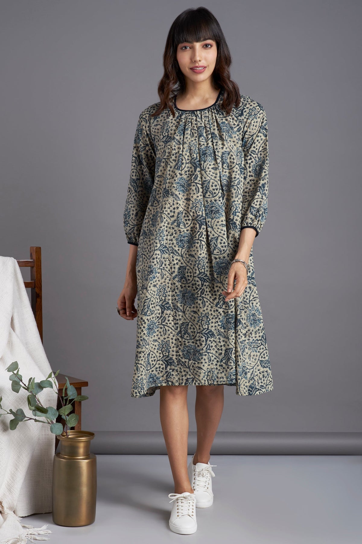 midi gather dress - marine magic & flowering vines