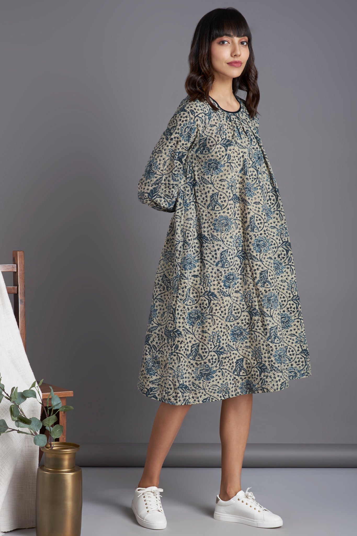midi gather dress - marine magic & flowering vines