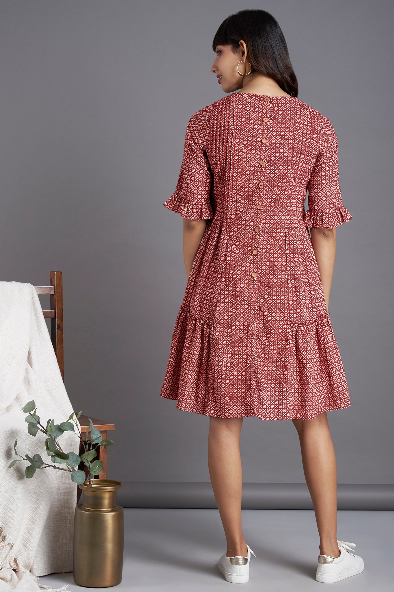 midi dress with ruffled bottom - eclectic madder & botanical cascades