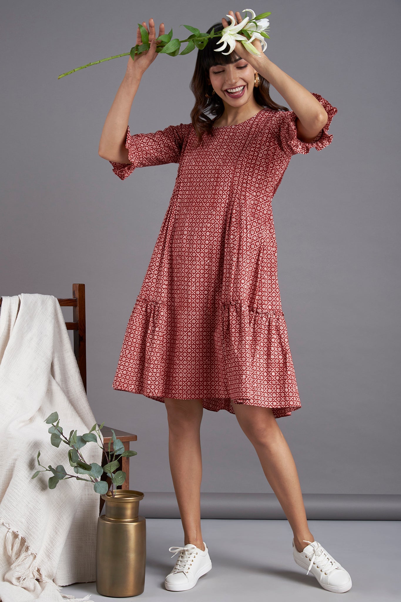 midi dress with ruffled bottom - eclectic madder & botanical cascades