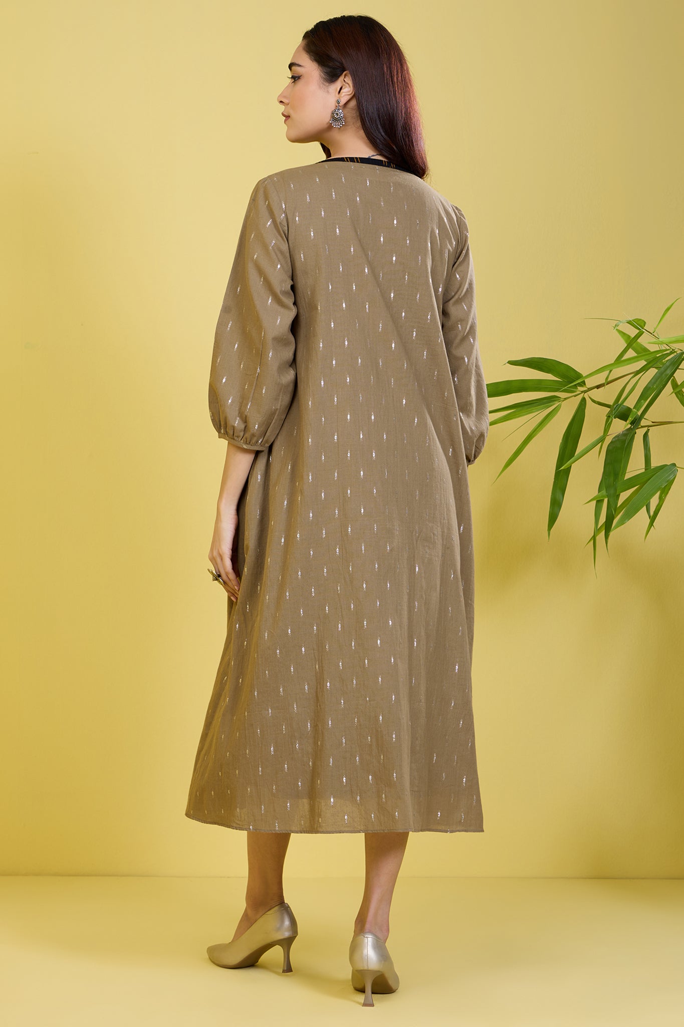 co-ord set gather yoke jacket with dress sandstone silver
