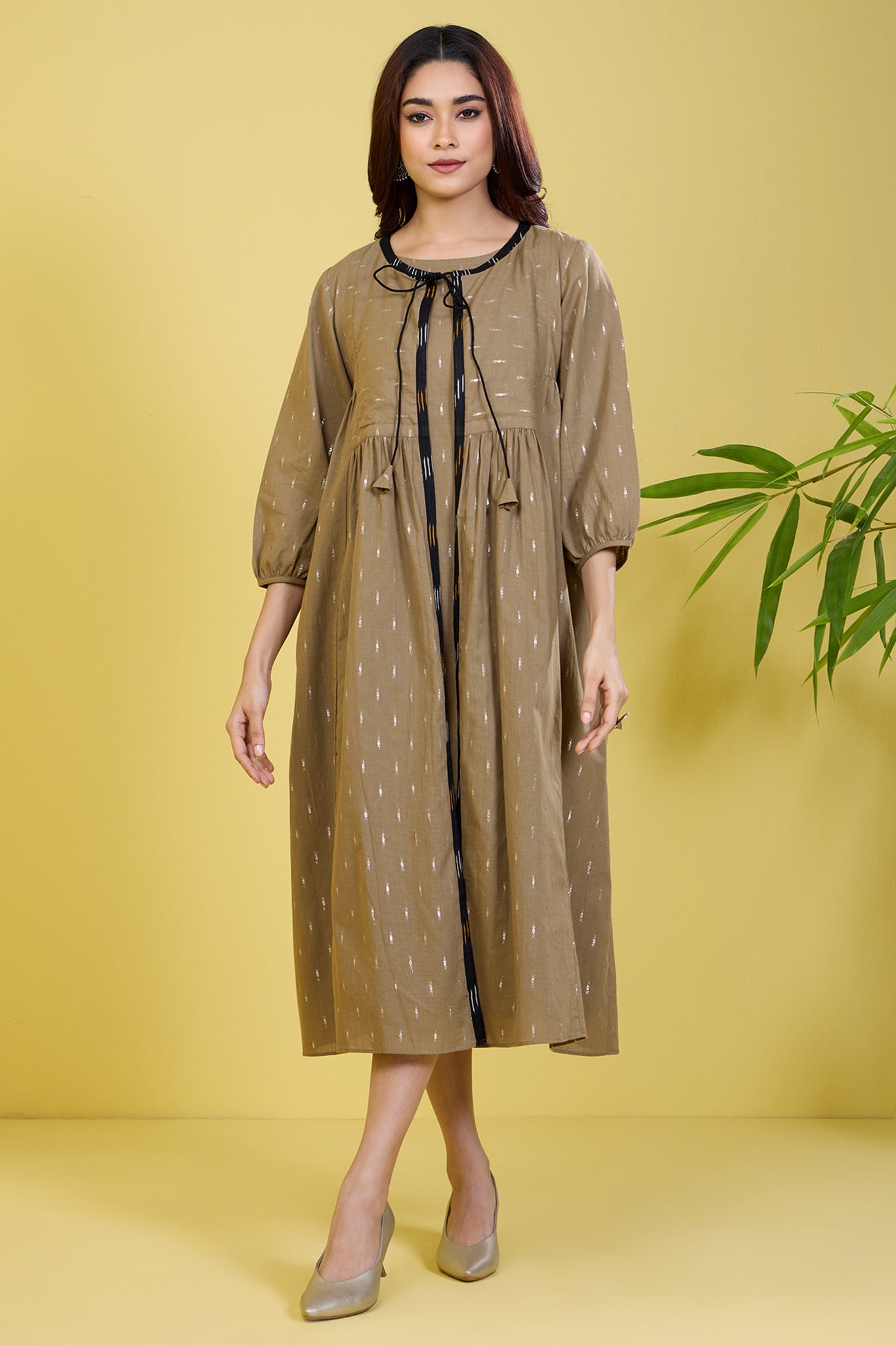 co-ord set gather yoke jacket with dress sandstone silver