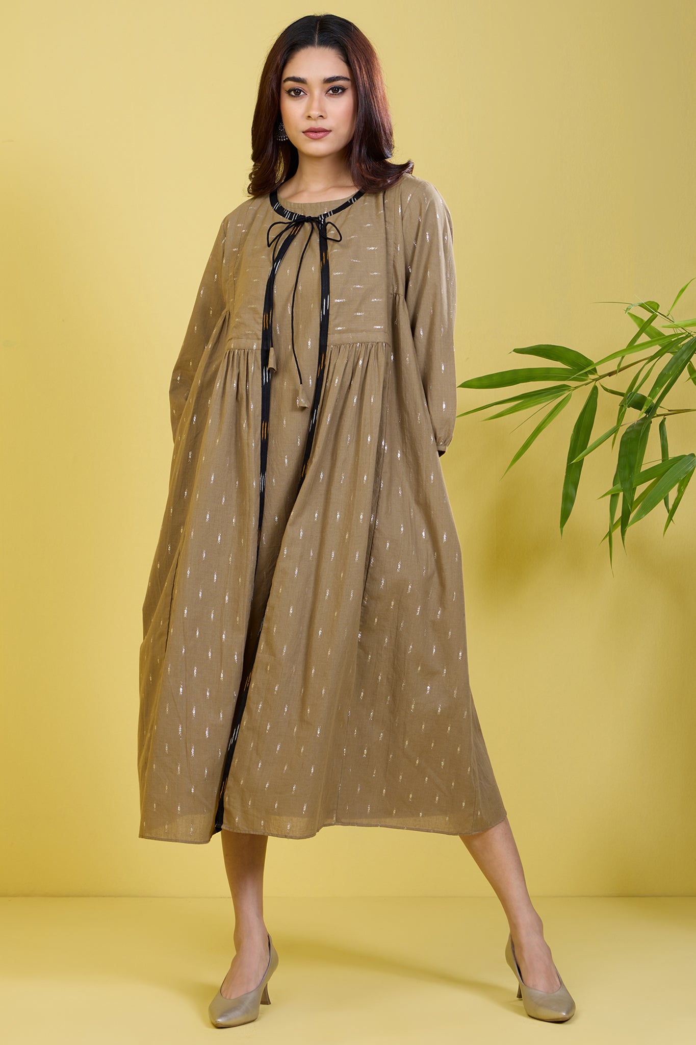co-ord set gather yoke jacket with dress sandstone silver