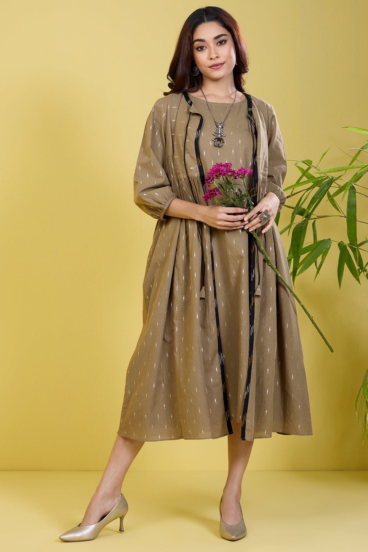 co-ord set gather yoke jacket with dress sandstone silver