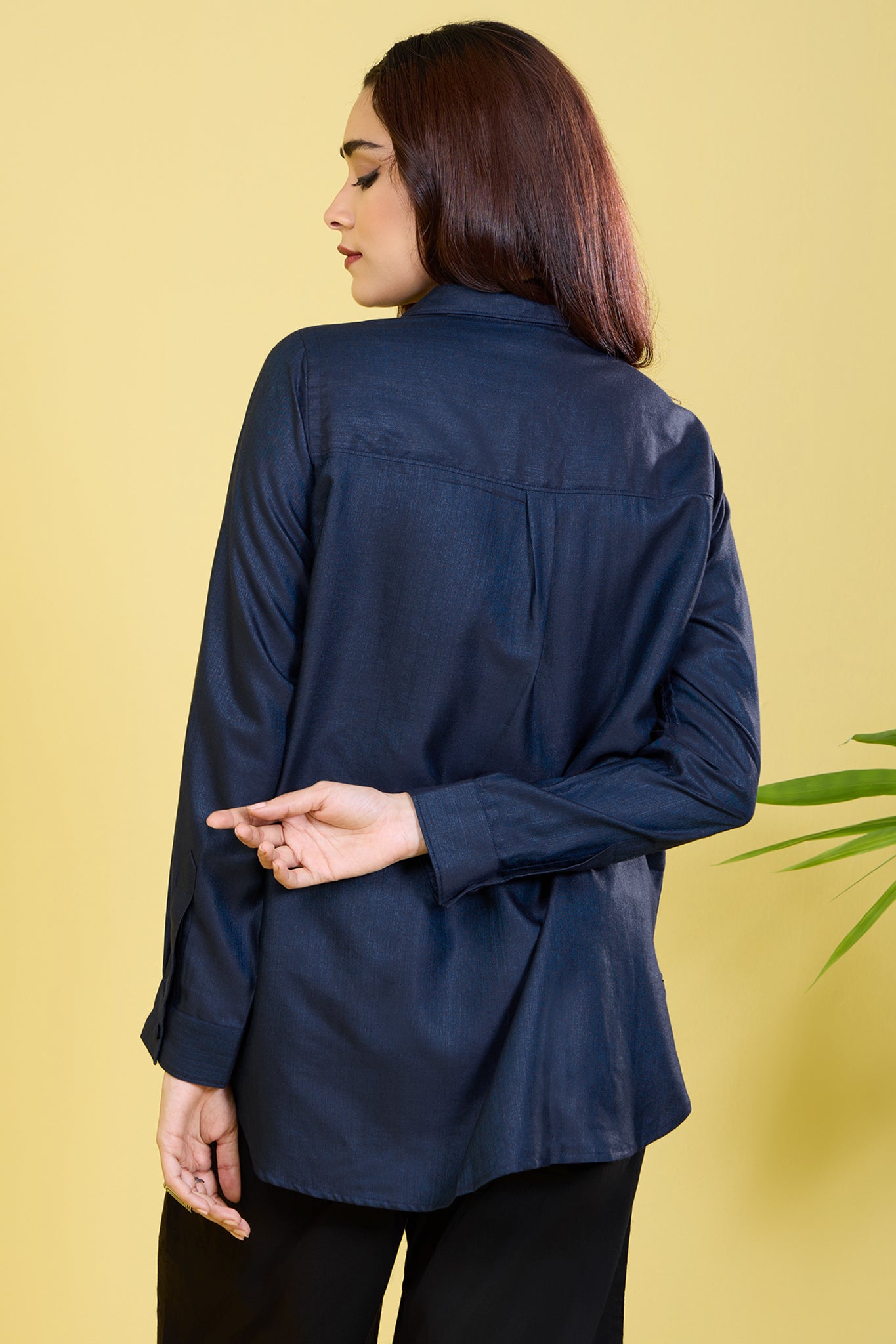 button down blue viscose silk shirt indigo hymns