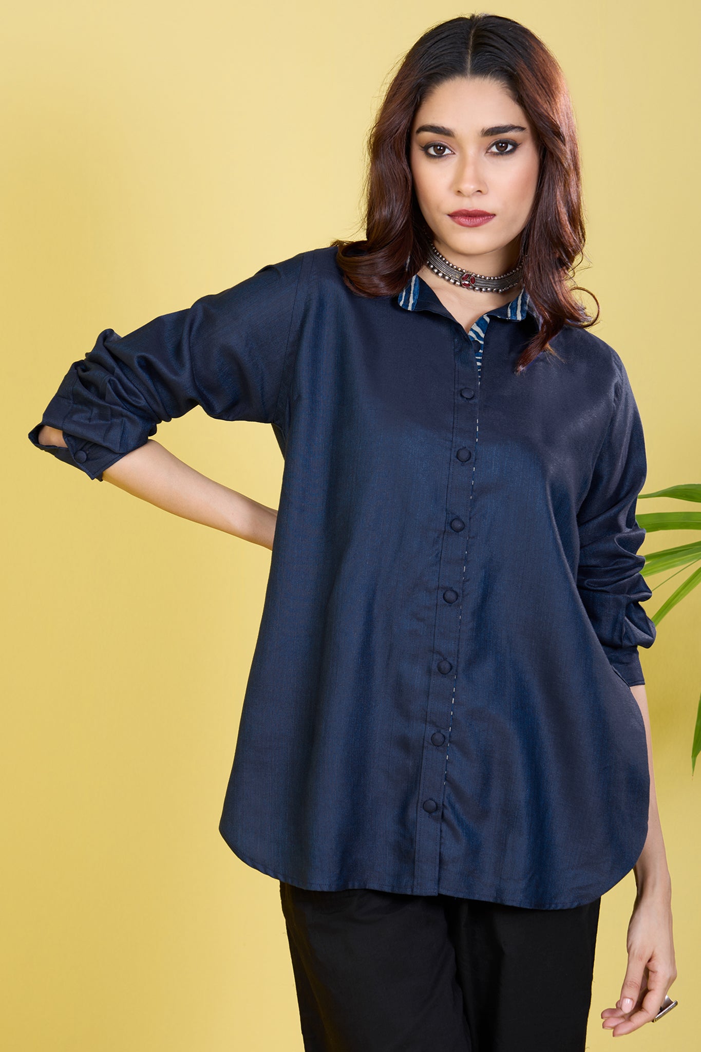 button down blue viscose silk shirt indigo hymns