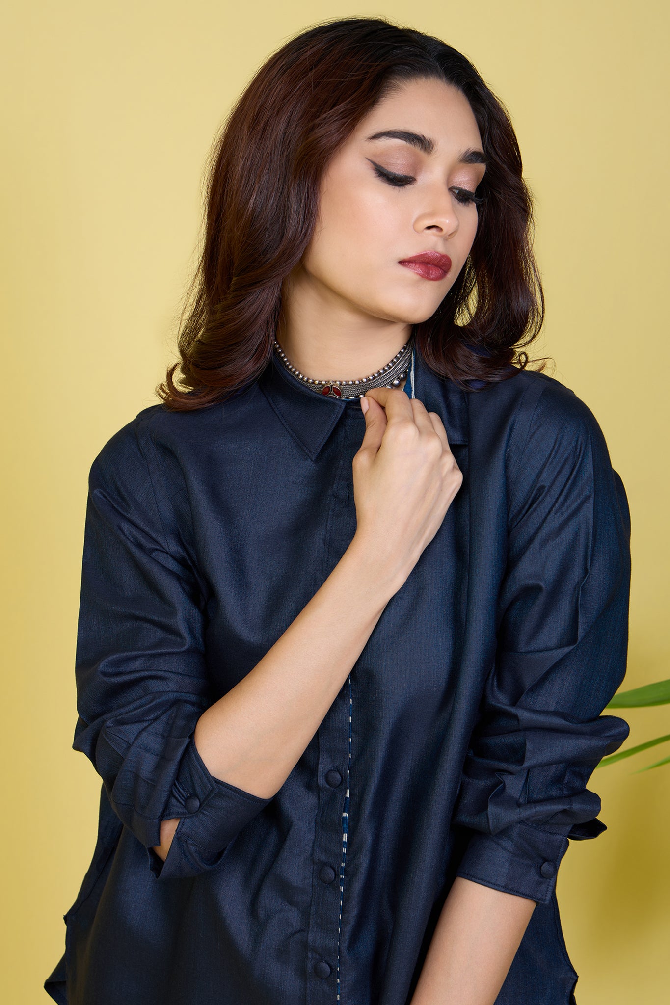 button down blue viscose silk shirt indigo hymns